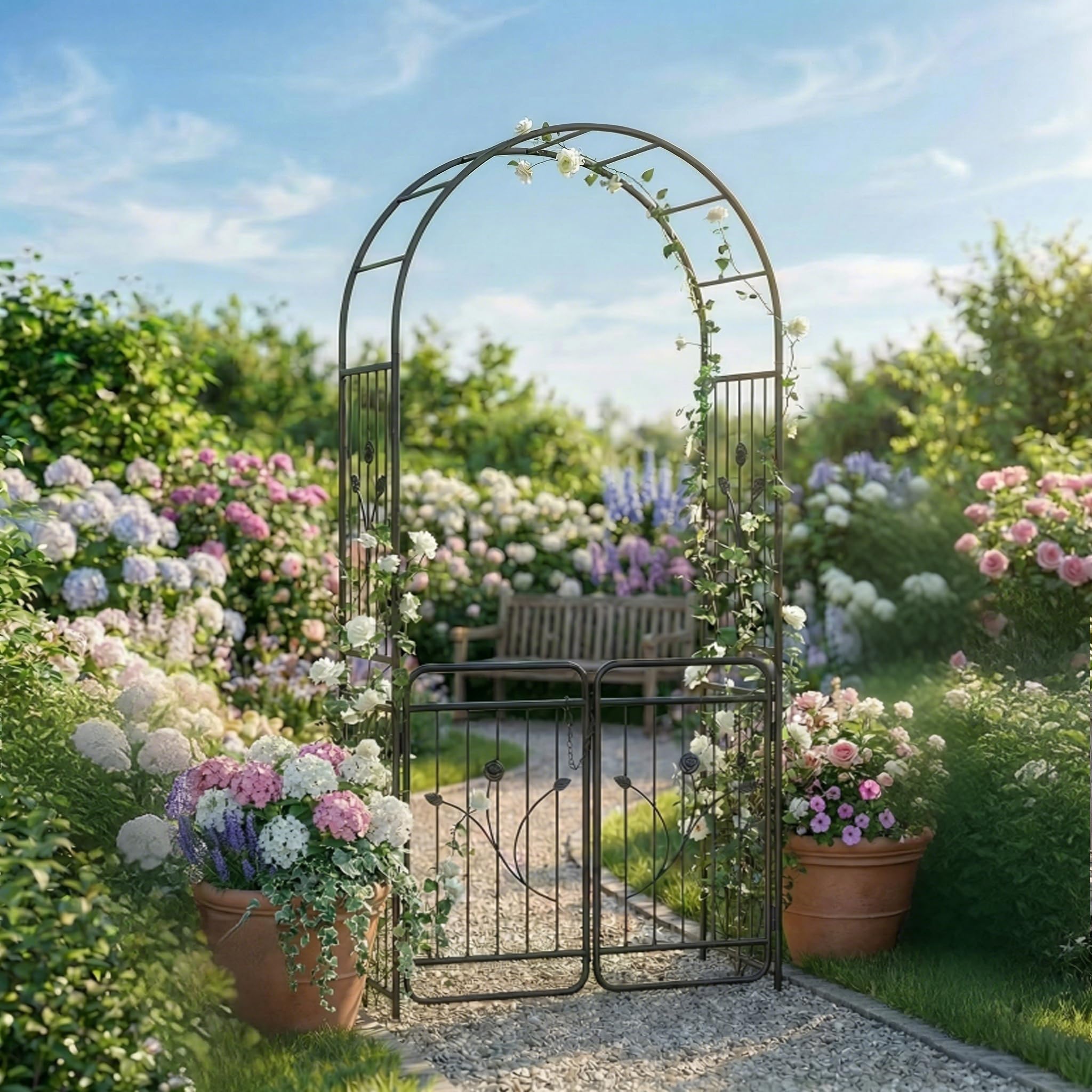 Aufun Rosenbogen mit Tür 220 cm, Metall Gartenbogen mit Rankgitter, Abschließbares Gartentor, Pulverbeschichteter Stahl, Wetterfest & Stabil, Rankhilfe für Kletterpflanzen, Hochzeit & Garten, Schwarz