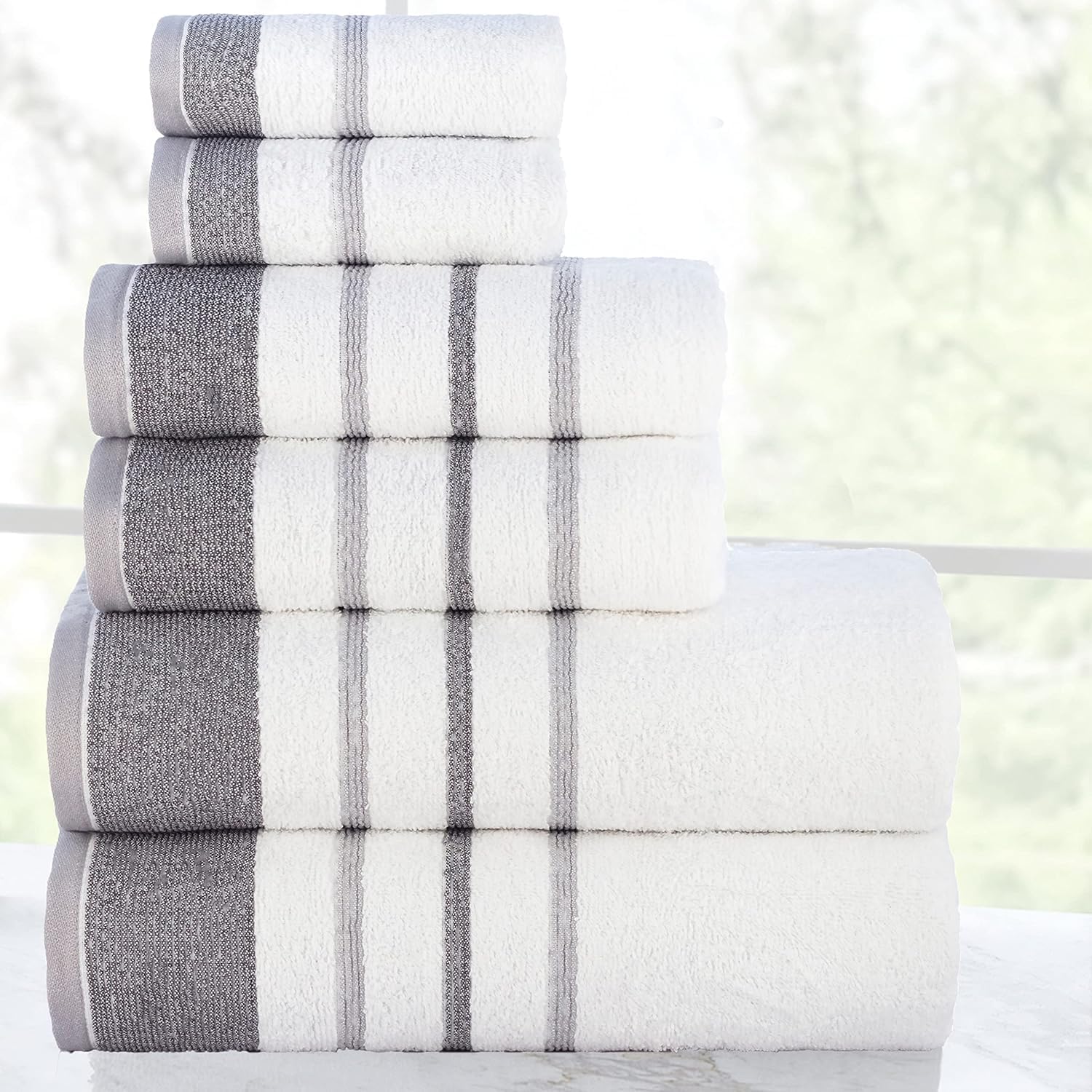 Casa Copenhagen Juego de 6 Toallas de baño, 600 g/m², Blanco Gris | White Bay 100% algodón egipcio puro para baño, cocina y ducha: 2 toallas baño, 2 de mano, 2 paños (set regalo mujer y hombre)