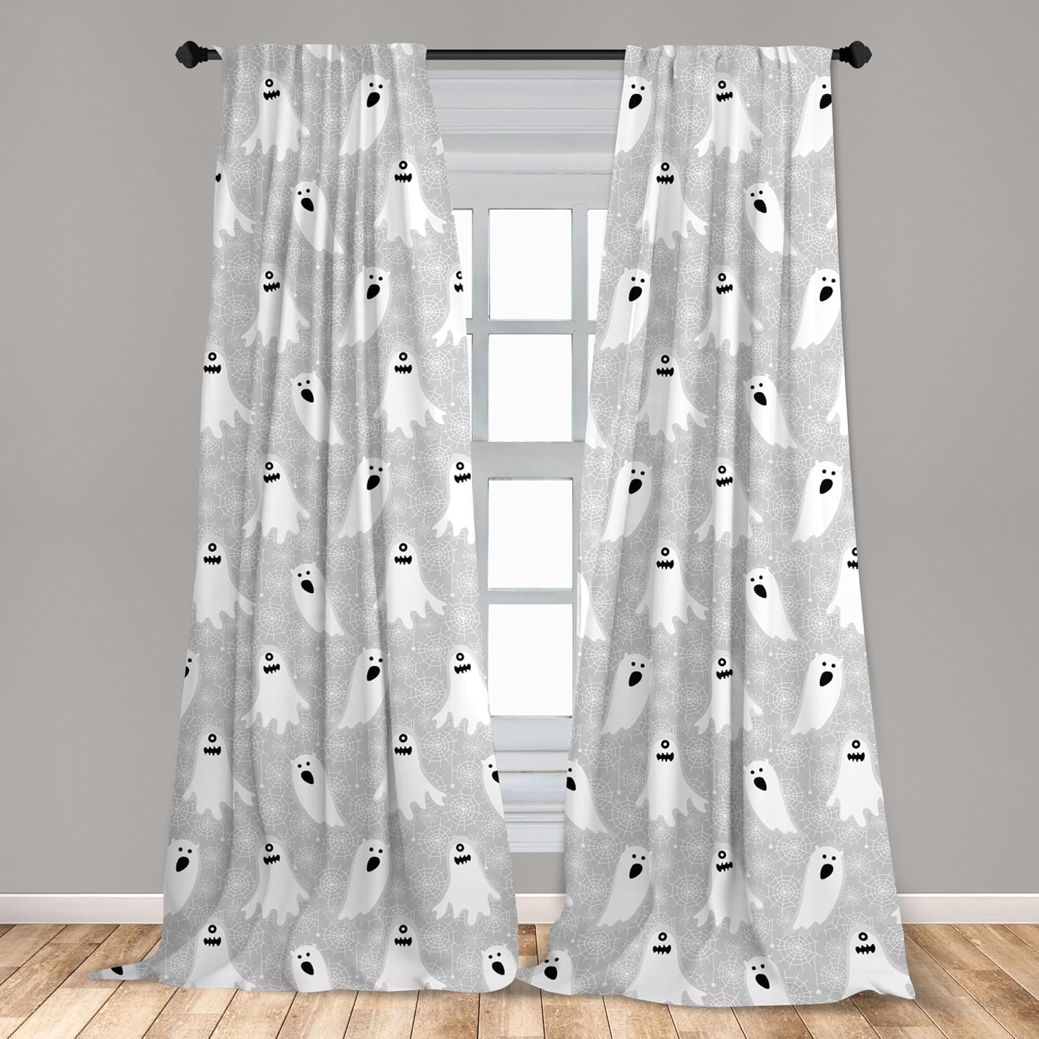 Ambesonne Halloween Curtains, Horror Phantom Boo Monsters Themed Ghosts and Spooky Composition Neutral Tones, Window Treatments 2 Panel Set for Living Room Bedroom, Pair of - 28" x 95", Grey White