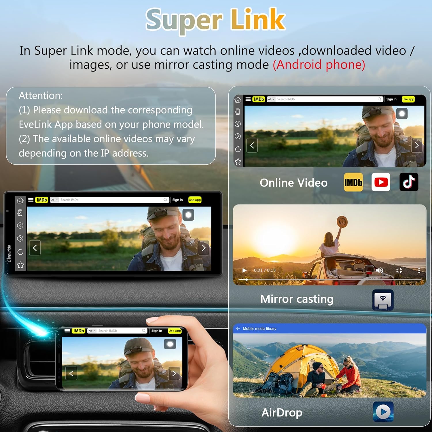 Diagram illustrating how to connect the rear camera to the Carpuride W903S unit and activate it using the car charger's 'R' button.
