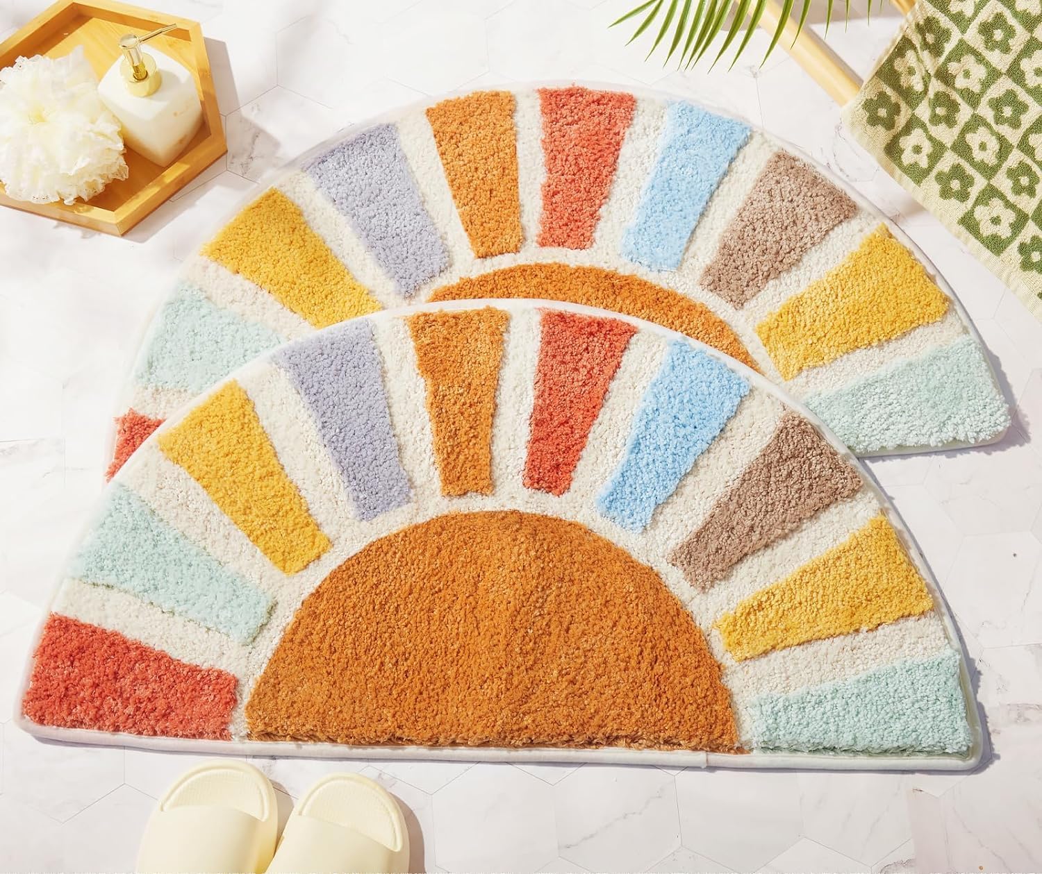 2 Pack Sunrise Boho Bathroom Rugs, Half Circle Bath Mat Cute, Sun Bath Mats,Retro Bohemian Home Bathroom Decor, Small Colorful Fun Semi Round Shower Rug, Funny Washable Rug Bedroom 31" x16