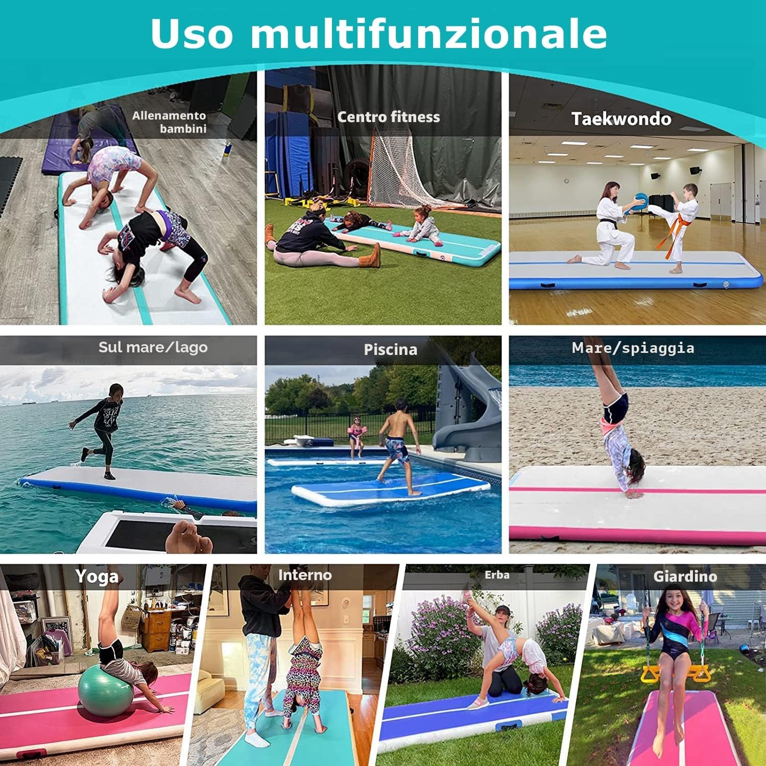 Air Track Tappetino Ginnastica Artistica 2 3 4 5 6 Metri 10/20CM Spessore Materasso Ginnastica da Casa/Yoga/Formazione/Cheerleading/Divertimento Acqua con Pompa