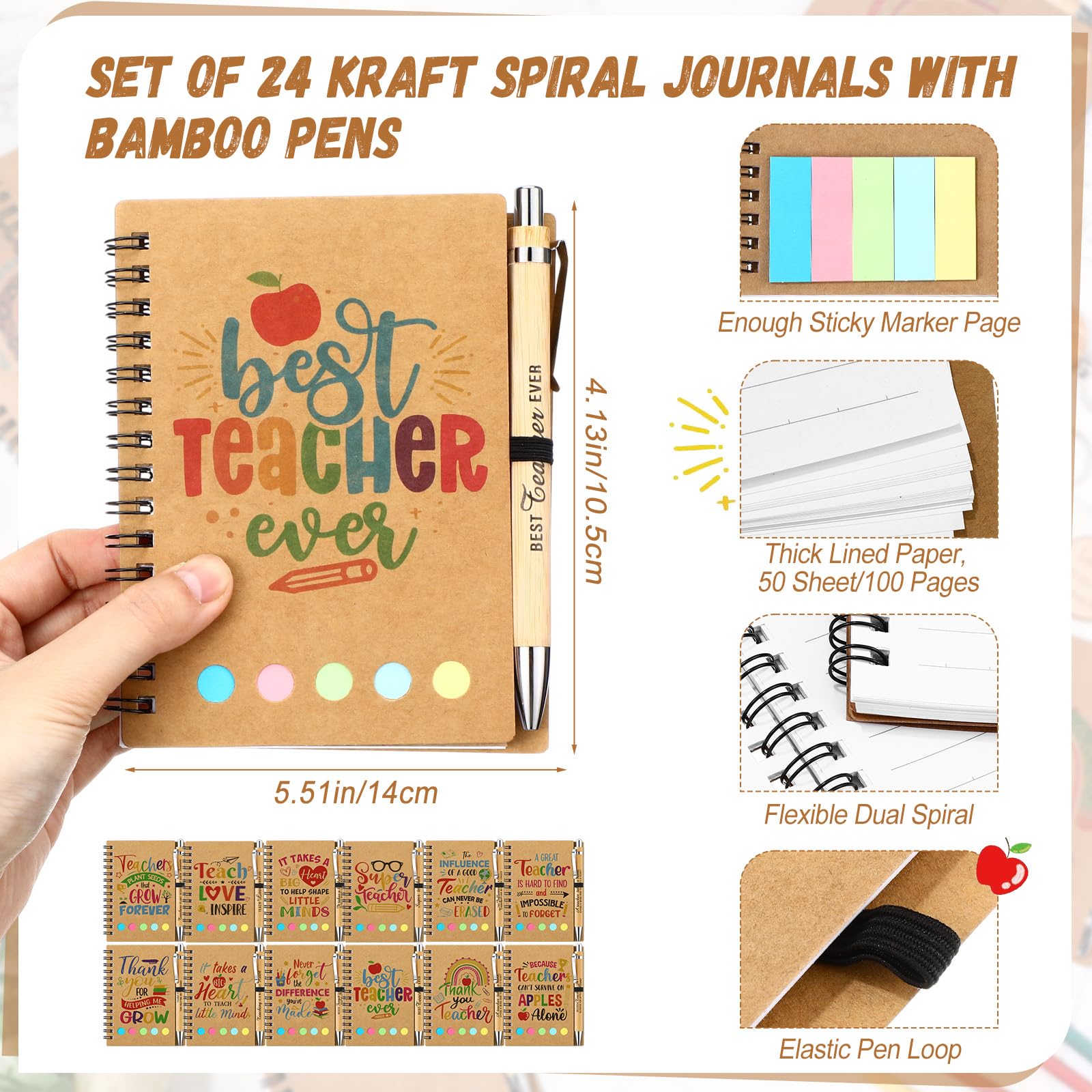 Resurhang 24 set di regali di apprezzamento per insegnanti da studenti, quaderni a spirale per insegnanti con copertina in carta kraft con note adesive colorate bandiere penne a sfera in bambù