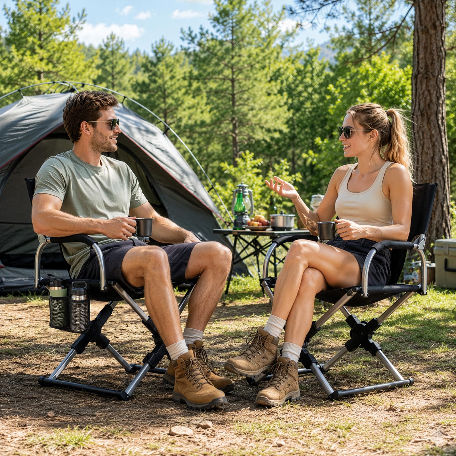Faltbarer Campingstuhl mit Armlehnen und Rückenlehne, Schwerlast Outdoor Klappstuhl aus Aluminium, Tragbarer Angelstuhl für Camping, Picknick & Garten, Charcoal Schwarz