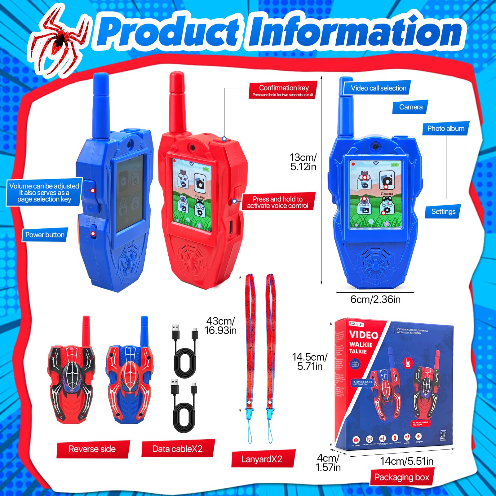 Video Talkie Walkie Enfants, Talkie Walkie Enfants Rechargeable avec Vidéo & Caméra HD, par USB-C avec Écran IPS 2 Pouces Changeur de Voix pour Le Camping, lesVoyages, Cadeau pour Enfants