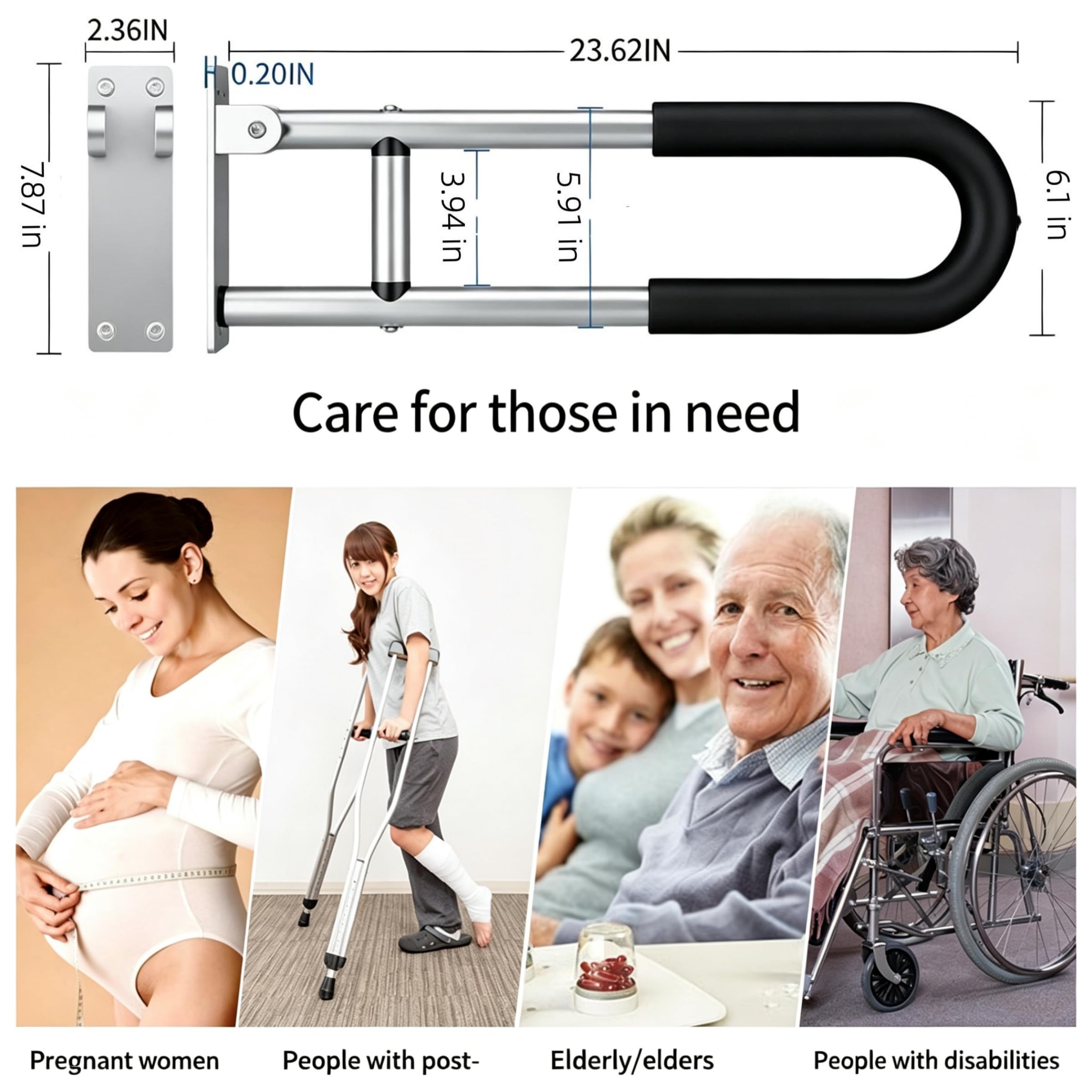 Maniglione per disabili, corrimano pieghevole per WC, supporto per corrimano di sicurezza per bagno pieghevole, maniglia per doccia per disabili anziani, 60 cm