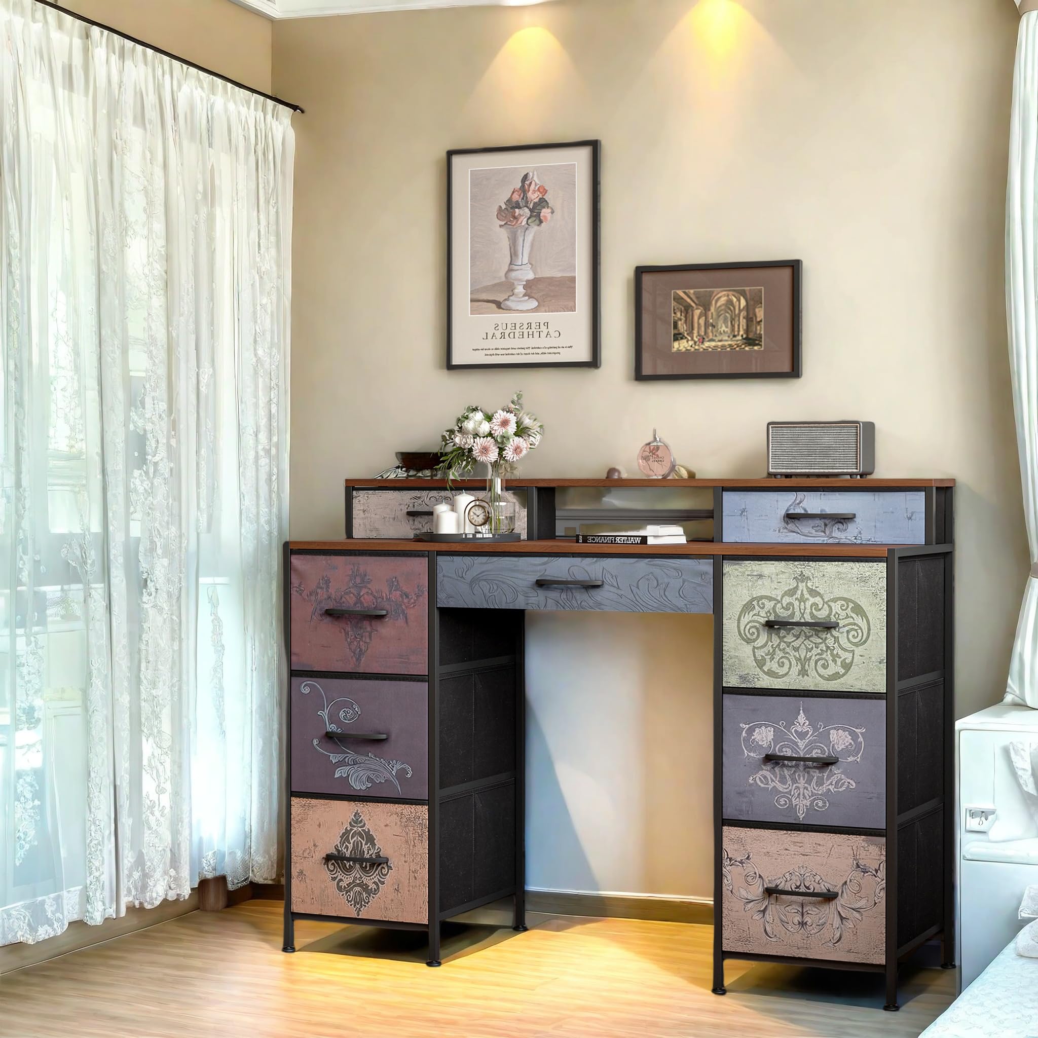 Tavolo da toeletta in legno con 8 cassetti, scrivania con cassetto e deposito in stile industriale, tavolo da trucco vintage senza specchio, mobile multiuso per camera da letto o ufficio (legno, 121 x