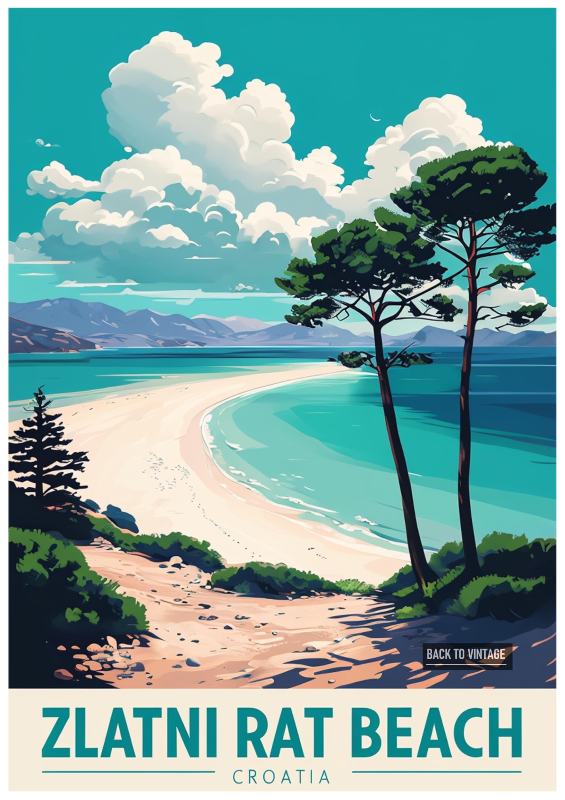 Back To Vintage Multicoloured Vintage Travel Poster Featuring Zlatni Rat Beach Croatia - Retro Europe Travel Poster A4 Size Vintage Wall Art Print Of Famous European Destinations Ideal For Home Or Office Decor