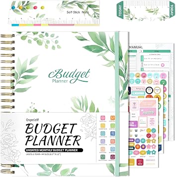 Ospelelf Budget Planner - Monthly Budget Book with Expense Tracker Notebook, Undated 12 Month Bill Organizer & Finance Planner, A4 Account Book with 12 Index Pockets, Zipper Pouch, StickersGreen