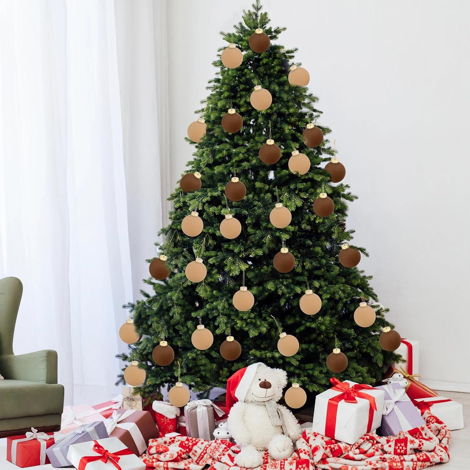 16 Pcs Velvet Christmas Ornaments Balls Set, 3.15 Christmas Tree Ornaments, Flocked Ornaments Neutral Decorative Hanging Ornaments for Xmas Tree Holiday Party Home Decor