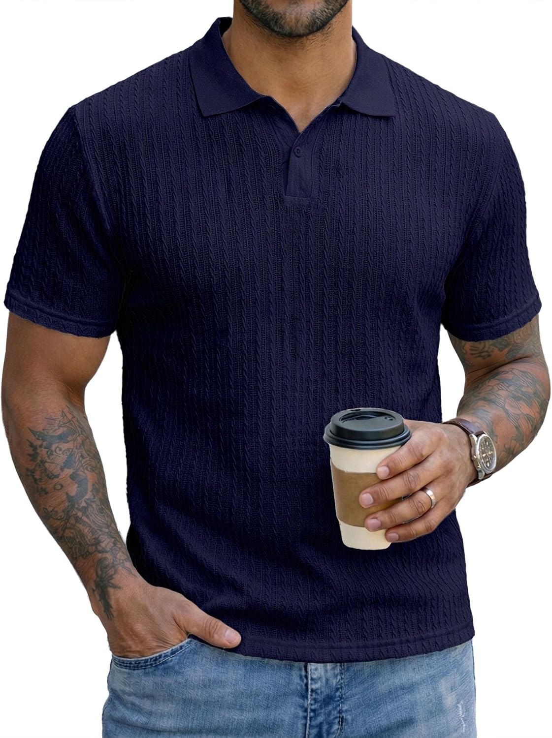 Dokotoo Men Mens Knit Polo Shirts Short Sleeve Button Down Texture Polo T Shirts Casual Golf Polo Collared Shirts