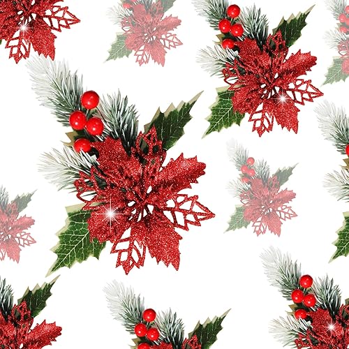 Miniatura 1 de Hotop 12 flores de pascua artificiales con purpurina para Navidad, flores artificiales de Navidad con clips, flores de Pascua para decoración de