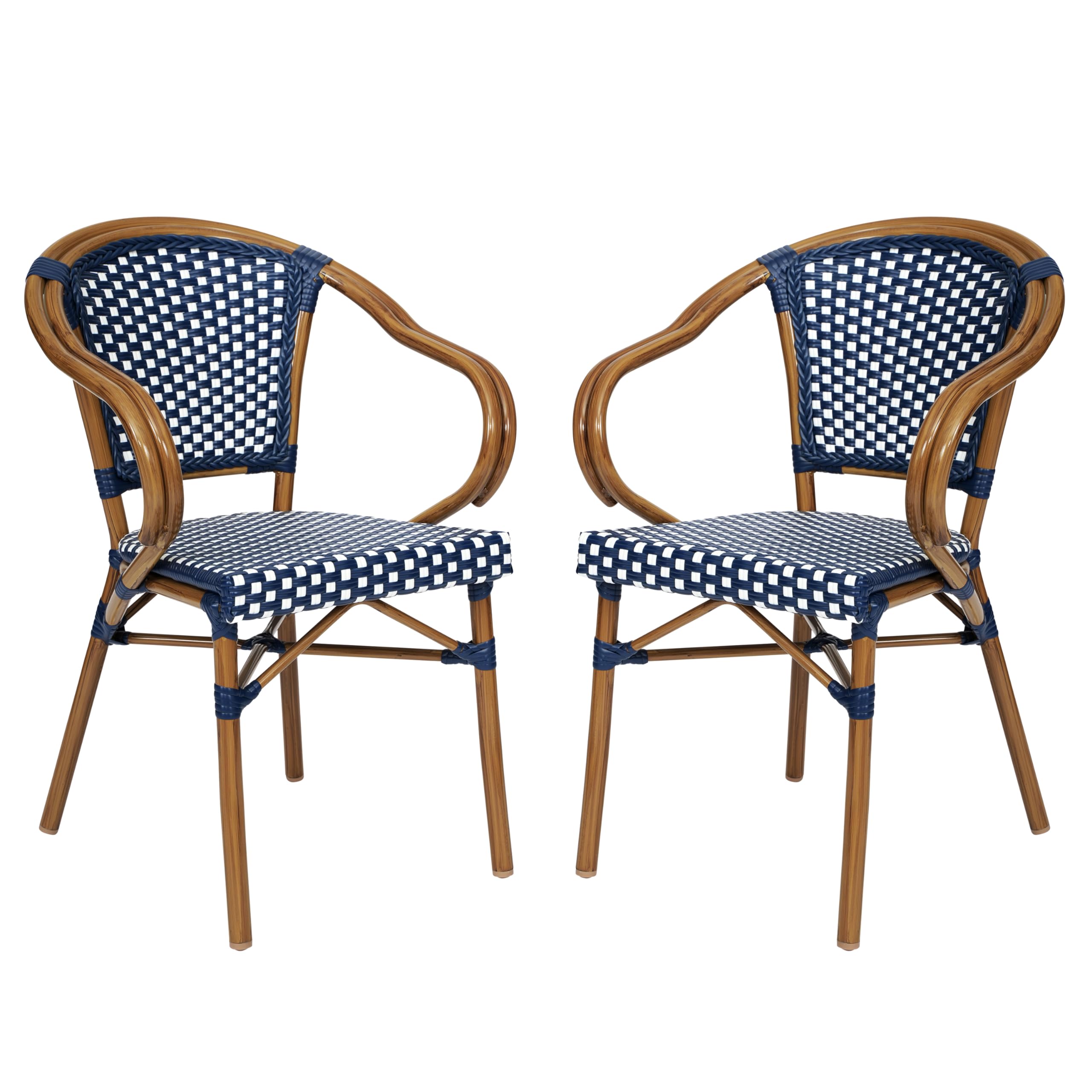 Flash Furniture Bordeaux Indoor/Outdoor Commercial Bistro Stack Chair - Arms - Navy/White PE Rattan Back and Seat - Natural Bamboo Print Metal Frame -