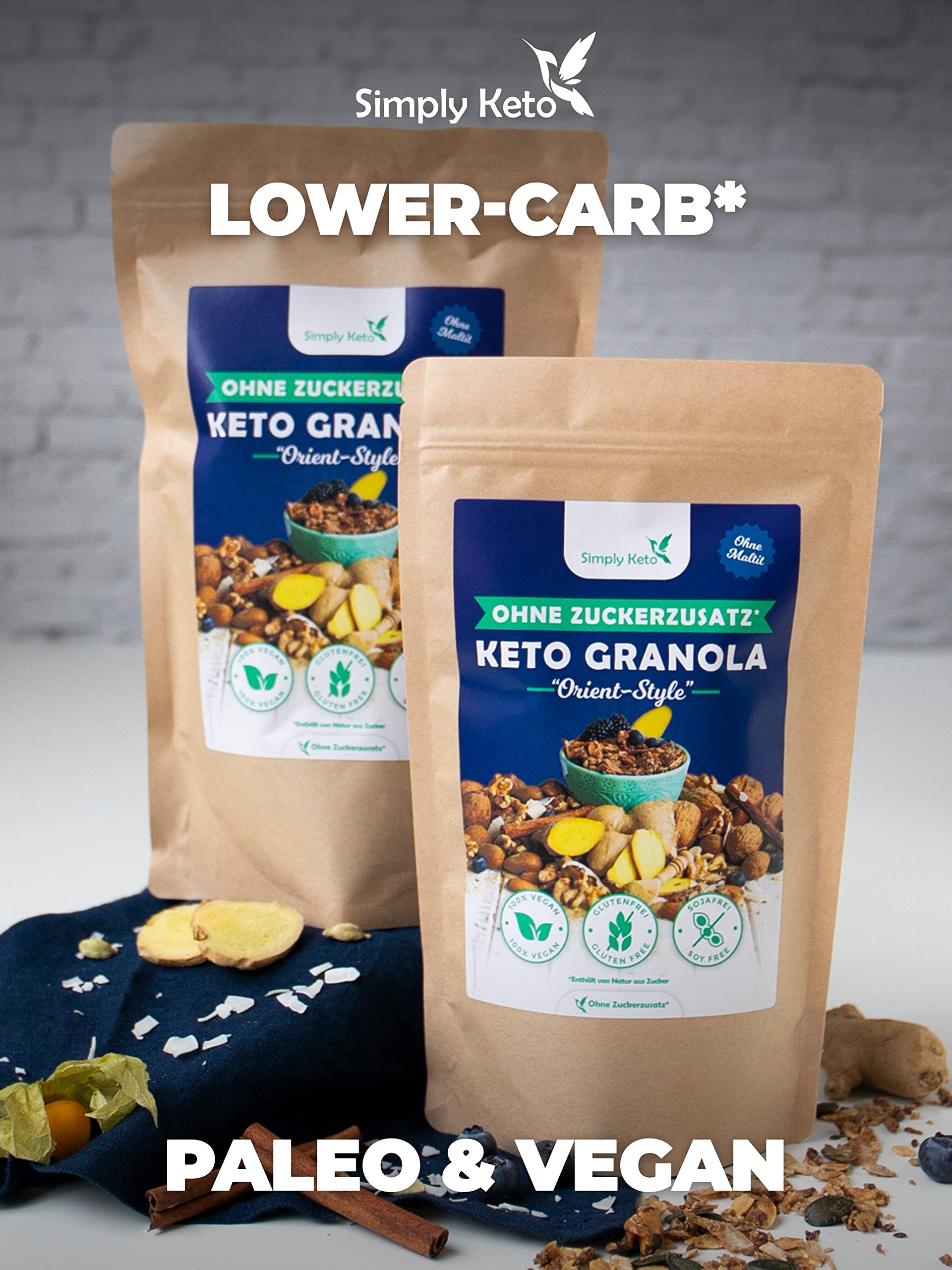 Simply Keto Muesli Crujiente Orient Sun - Muesli bajo en carbohidratos sin azúcar - 250g Delicioso Keto Muesli para un desayuno perfecto - Paleo y Vegano - Sin soja, lactosa y gluten - 250g