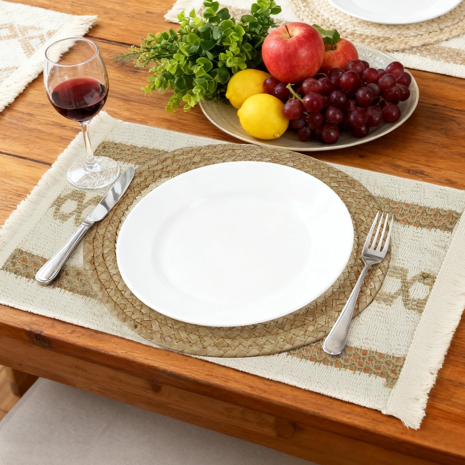 Neween Handmade Woven Placemats Set of 6, Natural Cotton Burlap and Water Straw Boho Combination Table Mats, Macrame Décor and Farmhouse Rustic Braided Wicker Place Mats for Dining Table, Home Decor