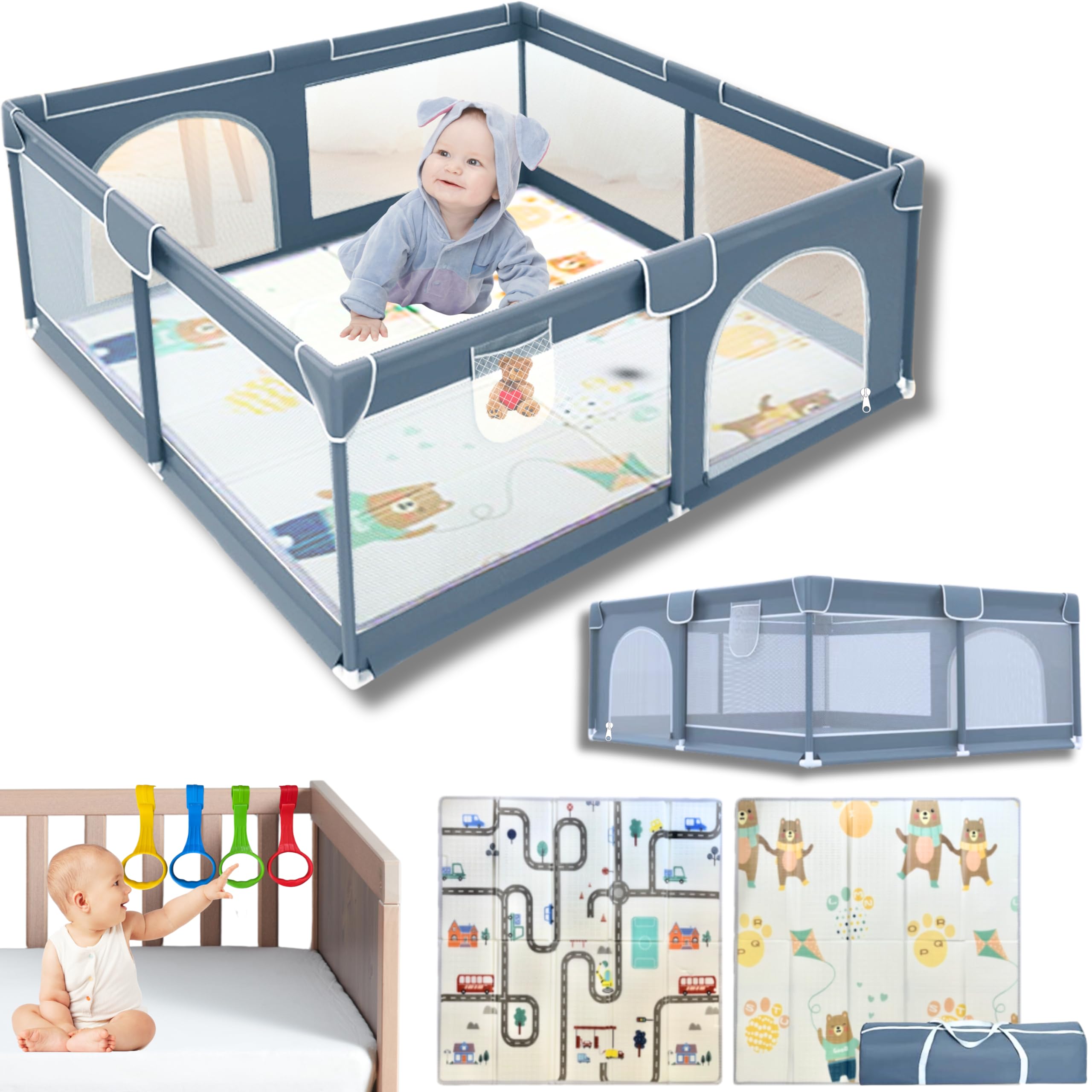 CoolKiddy - Parque Infantil Bebe 120x120 + Alfombra de Juegos Bebe Acolchada + 4 Anillas + Bolsa De Guardado y Transporte - Corralito Bebe es Ideal Para Que Pueda Gatear Con Seguridad