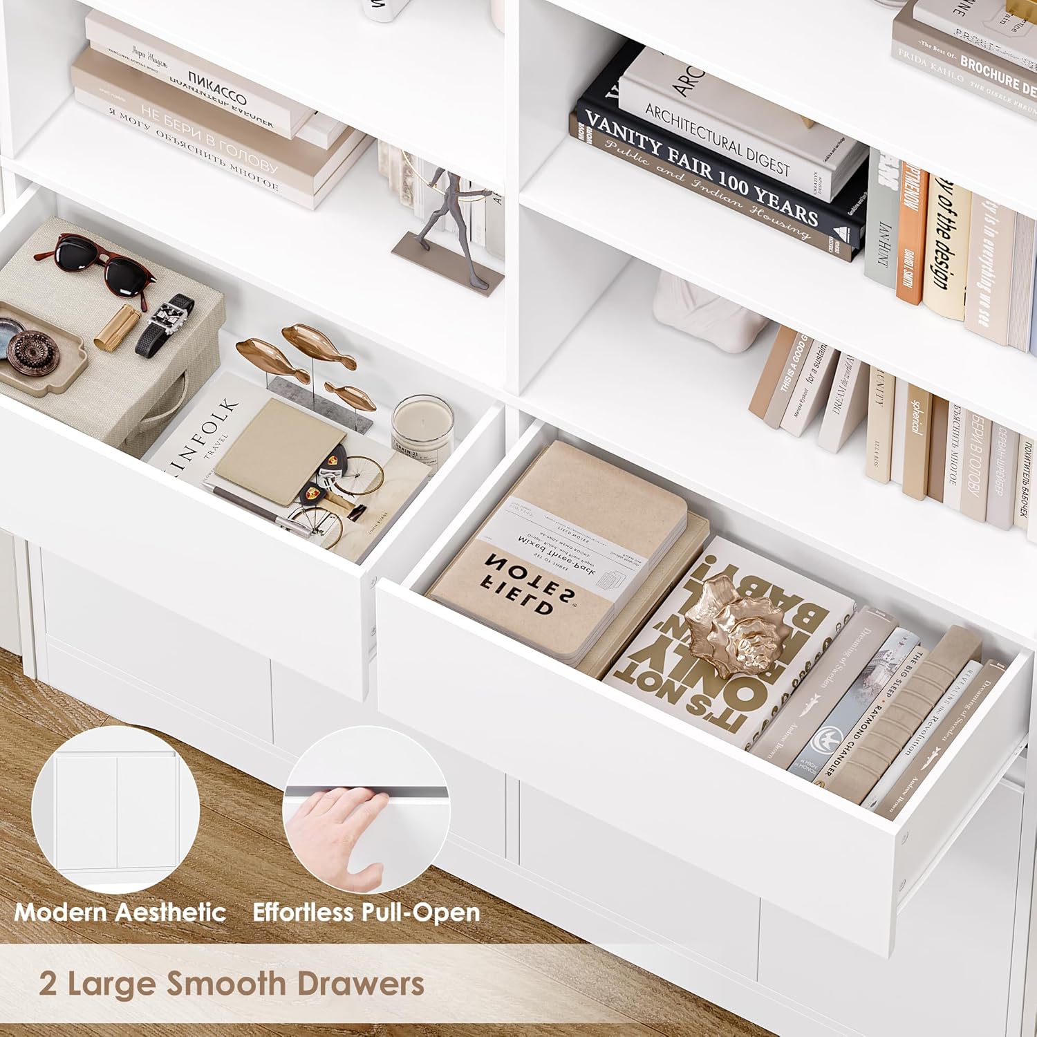 FINETONES 69" White Bookshelf with Doors, 47.2" Double Wide Bookshelves and Bookcases with Storage, Tall Bookshelf Large Open Book Shelf Standing Book Case for Home Office, White