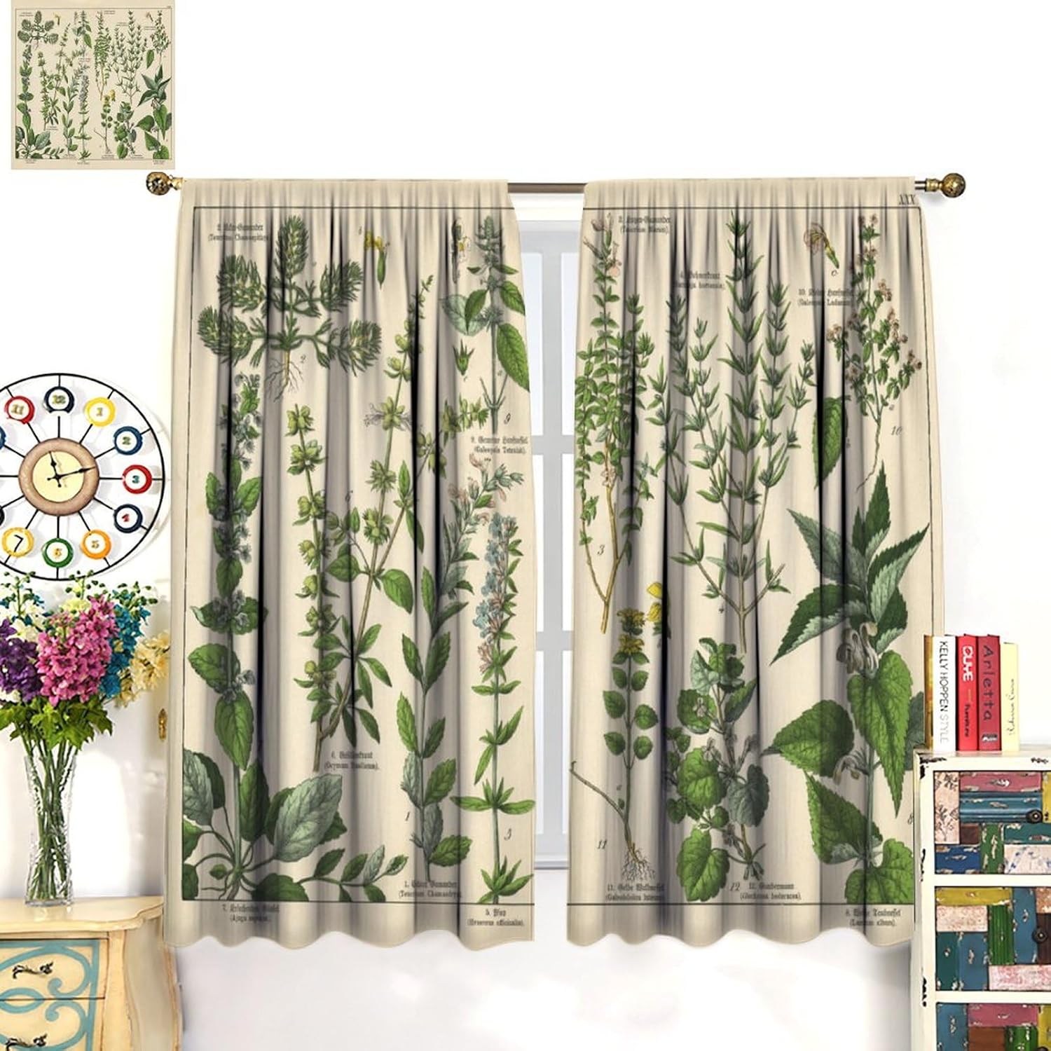 Vintage Botanical Curtains, Antique 1900s Plants Herbs Boho Retro Green Leaves Blackout Window Treatments, Rod Pocket Thermal Insulated Drapes 2 Panels Set for Bedroom Living Room, 42"W X 54"L