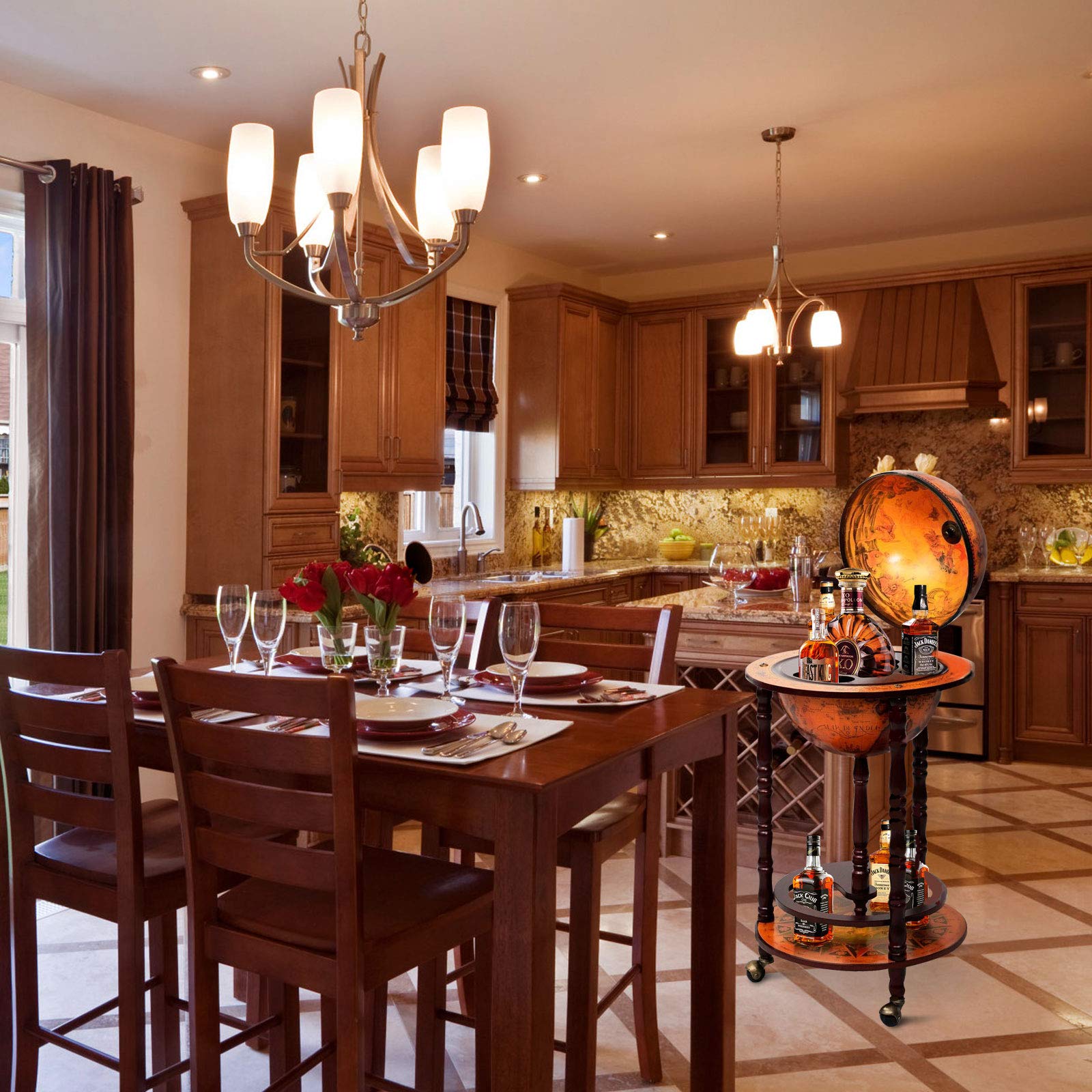 HPPYGRILL Globe Bar, 17.5” Wine Bar Stand Italian Wooden Globe Wine Cart Liquor Bottle Shelf, 16th Century Retro Wine Cupboard with Wheels for Dining Room Living Room, Retro Brown: A