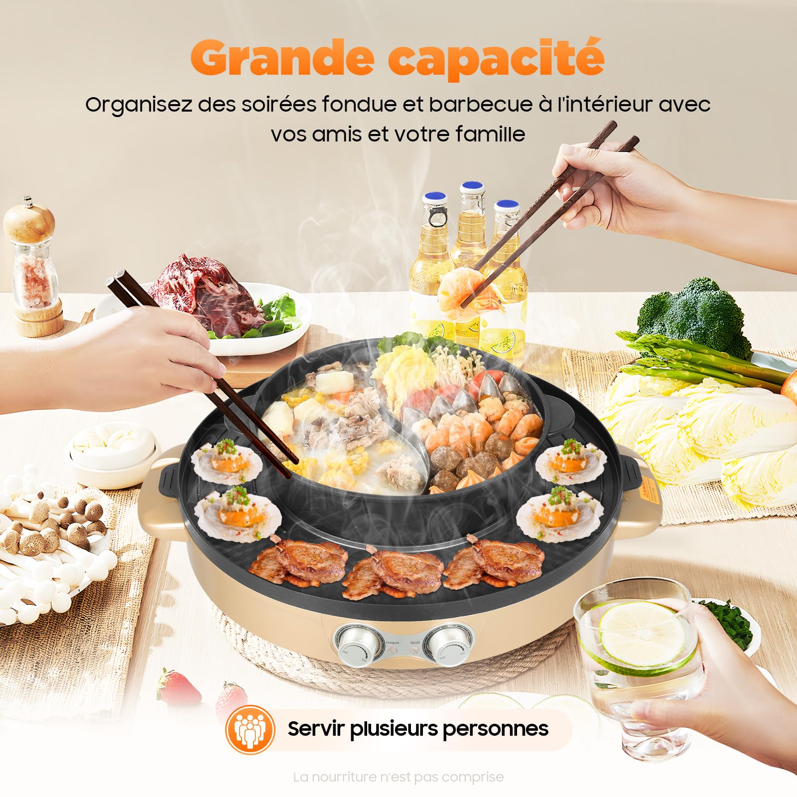 Appareil Fondue Chinoise Hot Pot 2 en 1, 2200 W Electrique Barbecue Coréen de Table avec Revêtement Antiadhésif, Portable Casserole Électrique Amovible pour Hot Pot BBQ Coréen, 52x18.5cm