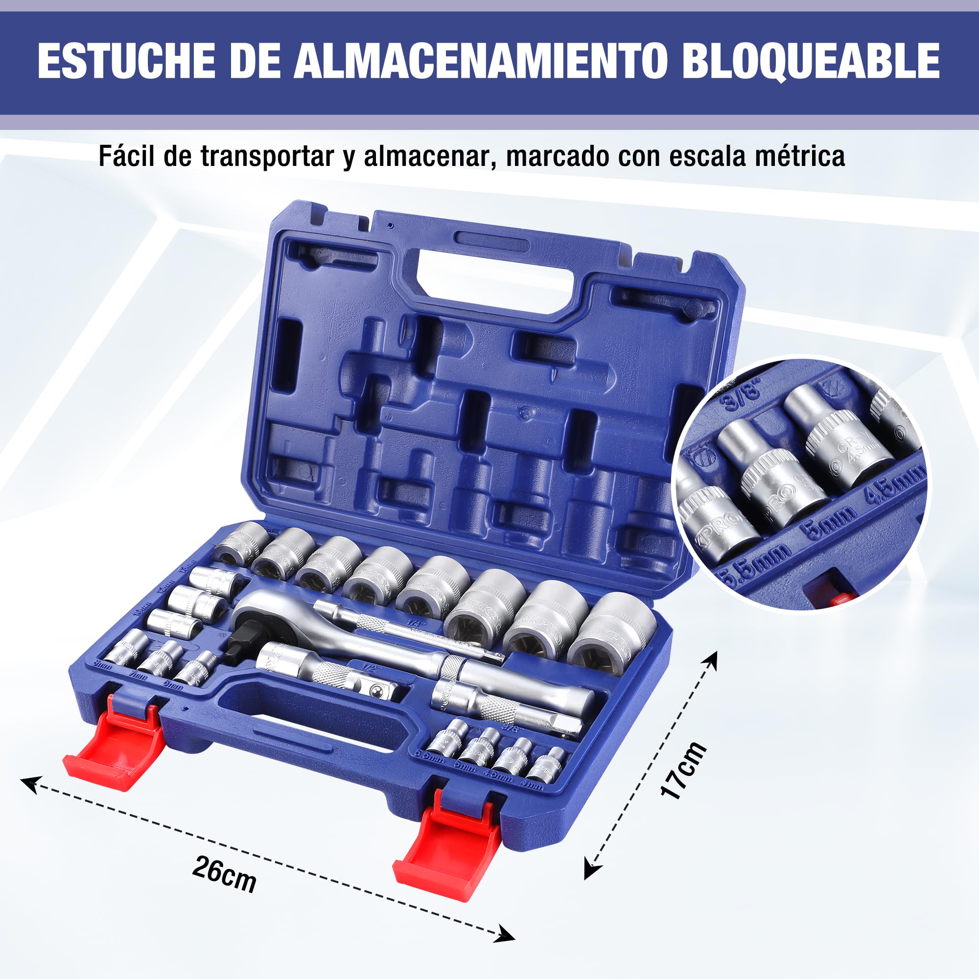 WORKPRO Caja Herramientas, Juego de Llaves de Vaso de 22 Piezas con Mango de Trinquete, Llave de Carraca de 1/4”, 3/8”, 1/2”, Llaves de Vaso Métricas de Acero C-V con Barras de Extensión, con Estuche