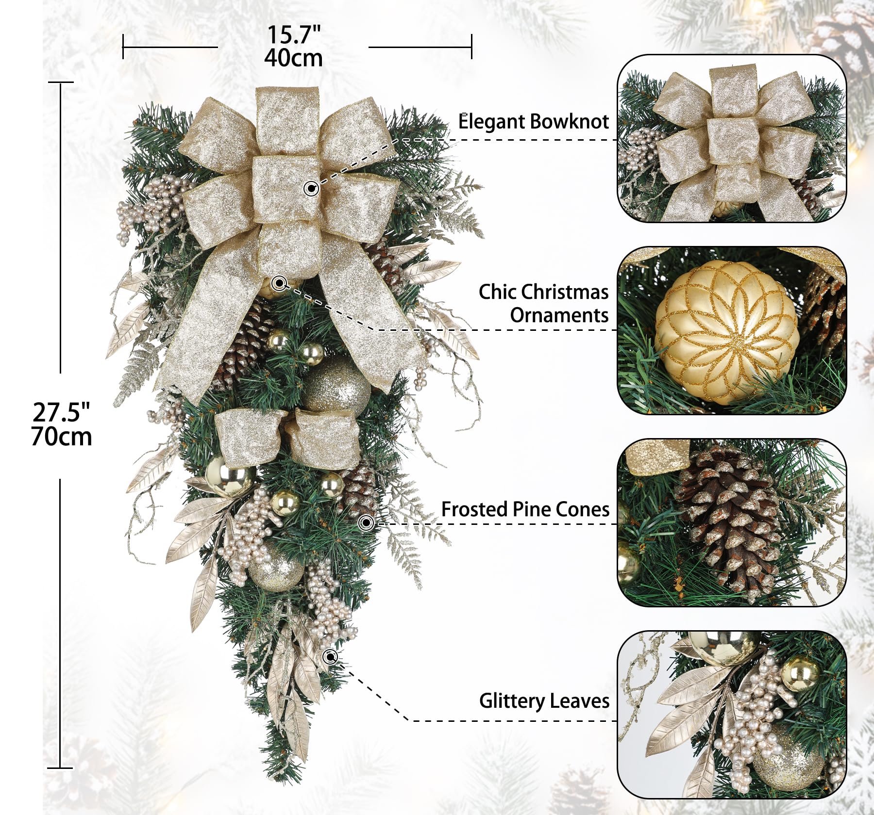 Hollyone Guirlande de Noël en Forme de Gouttes 70 cm Décoration de Noël Teardrop Swag Champagne avec Boules de Noël Baies Pommes de pin Nœud Ornements Suspendus pour Porte d'entrée