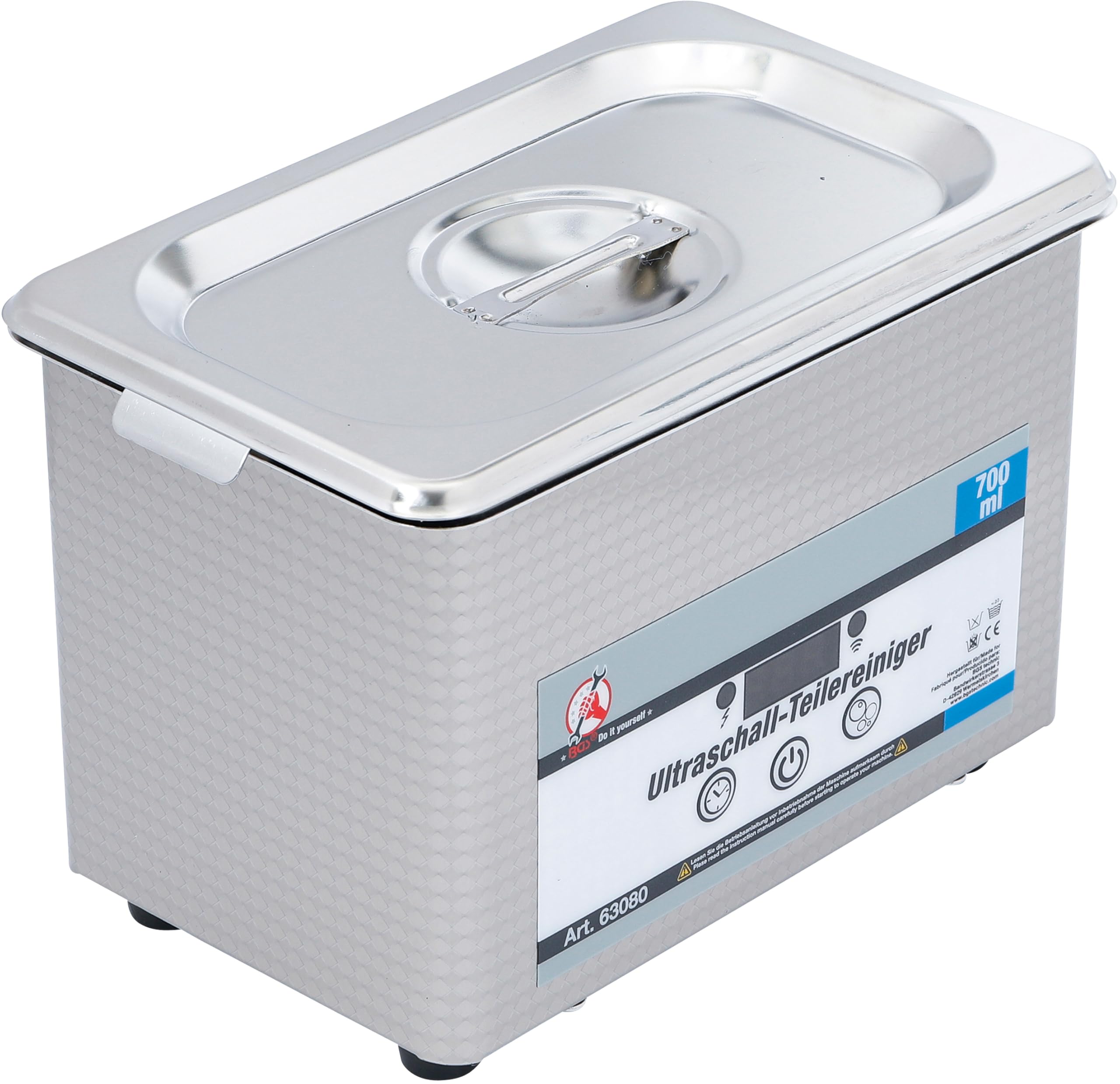 BGS Diy 63080 | Ultraschall-Teilereiniger | 700 ml | 35 W | Edelstahl | 42 kHz | Zeiteinstellung 0 - 30 min | 18 Zeitstufen | für Vergaserteile, Schmuck, Uhrenarmbänder, Münzen