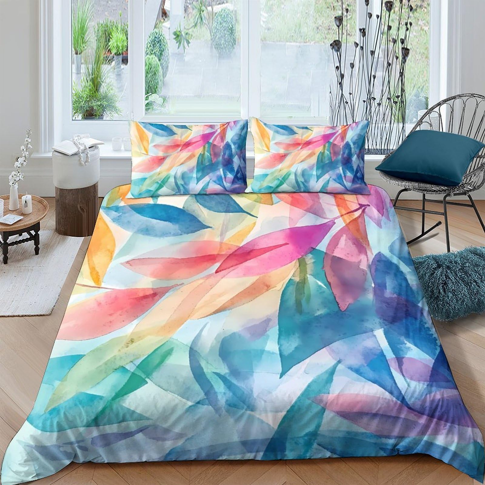 Ctjqhvkz Style-8 3D Printed Watercolor Leaves Fitted Sheet Microfiber Vibrant Pastel Mattress Cover For Bedroom Guest Room Decor Single（135X200cm）