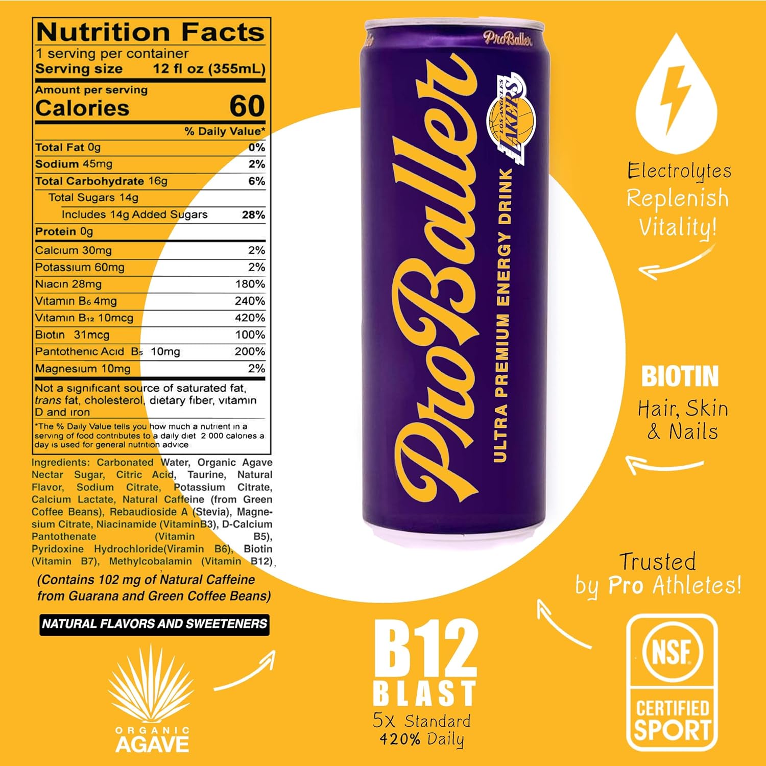 ProBaller Clean Energy Drink – Athlete-Grade Energy for Focus & Performance, Sweetened with Organic Agave, NSF Certified for Sport, Natural Caffeine, Electrolytes & B Vitamins – LAKERS Ltd. (15 Pack)
