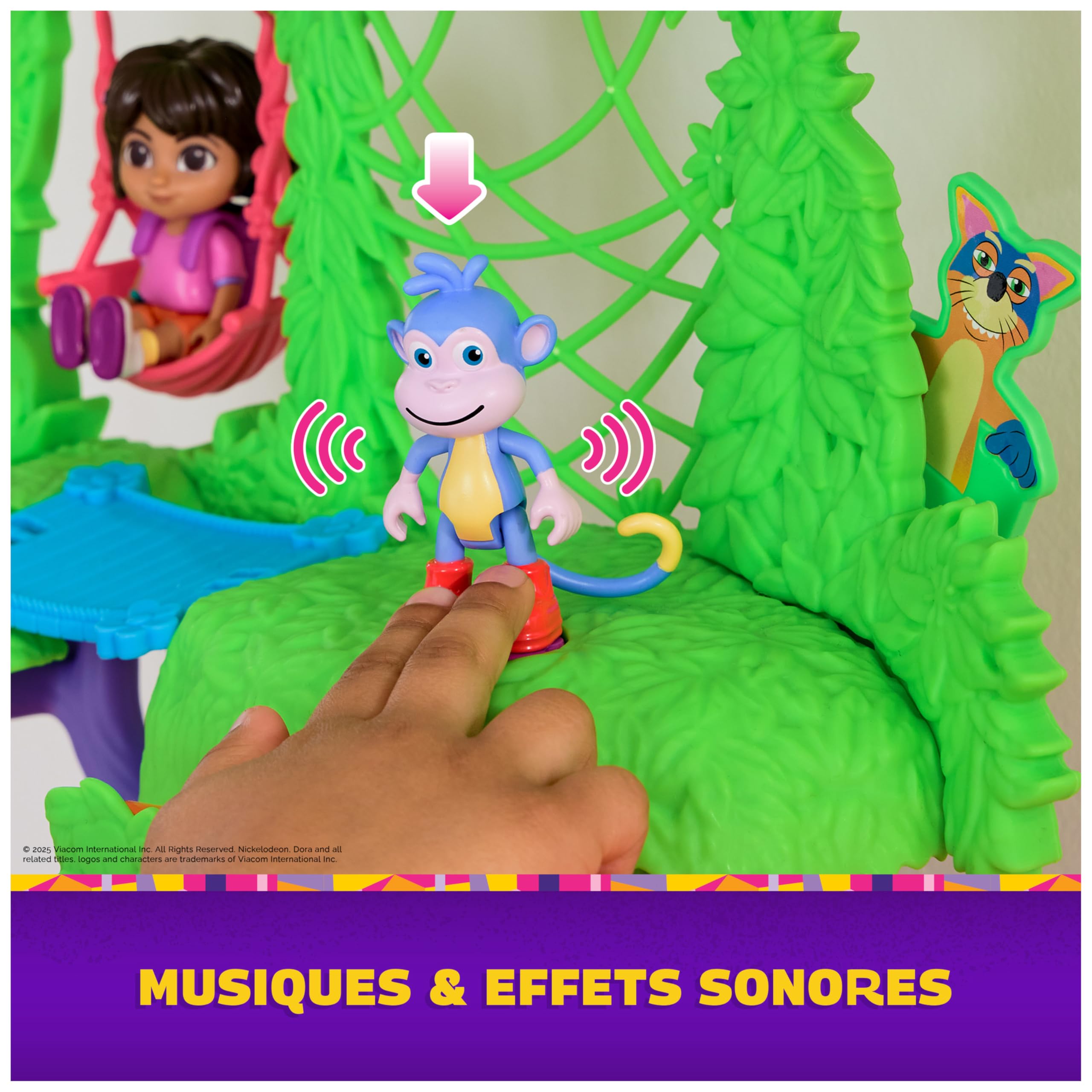 Dora - Maison Interactive De La Forêt Tropicale - 2 Figurines & 8 Accessoires - Musiques & Effets Sonores - Bilingue Français Anglais - Dessin Animé Jouet Maison De Poupée - Jouet Enfant 3 Ans Et +