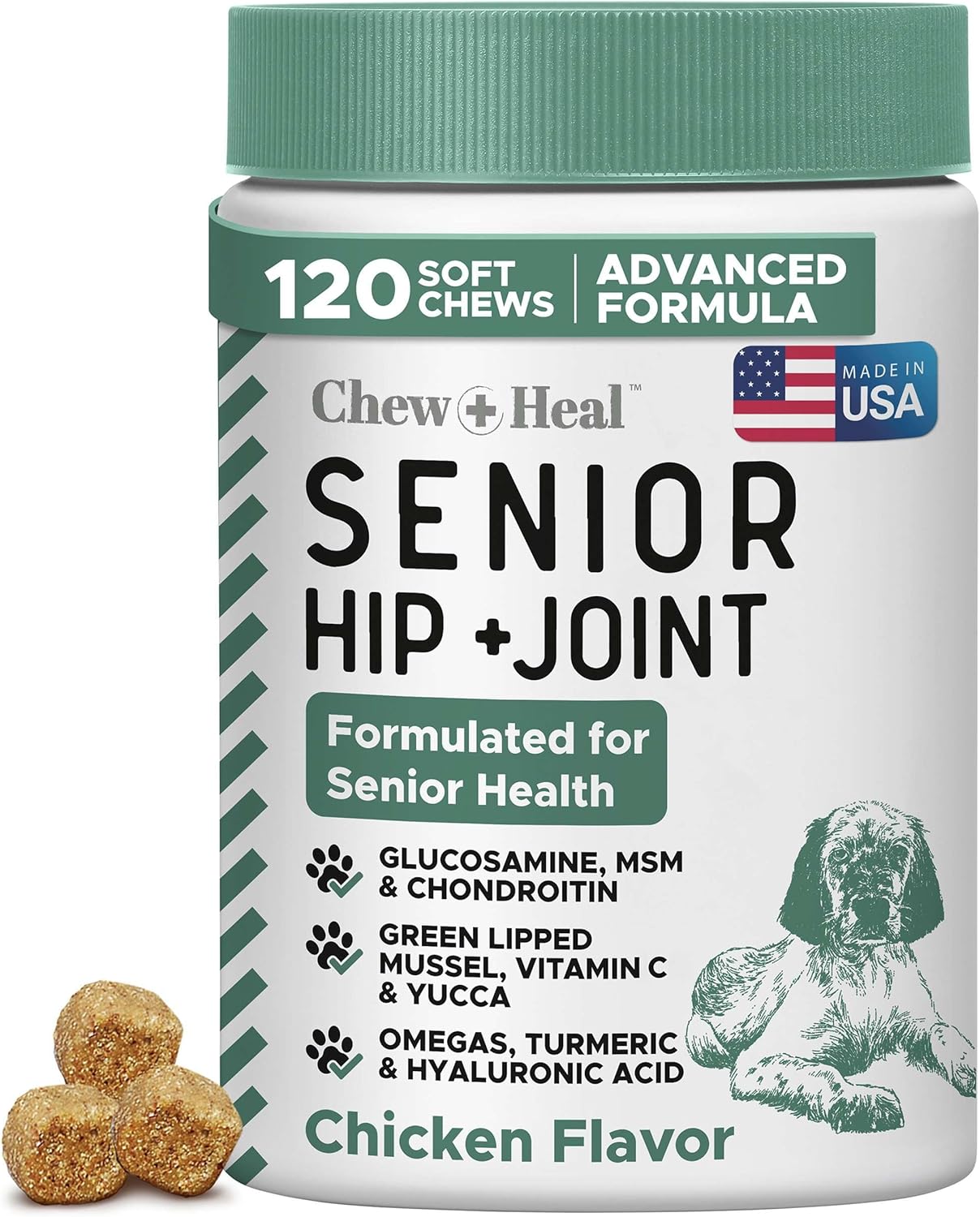 Chew + Heal Labs Glucosamine for Dogs Hip and Joint Supplement - 120 Senior Dogs Mobility Soft Chews - Made with Glucosamine, MSM, Chondroitin, Green Lipped Mussels and More - Made in The USA