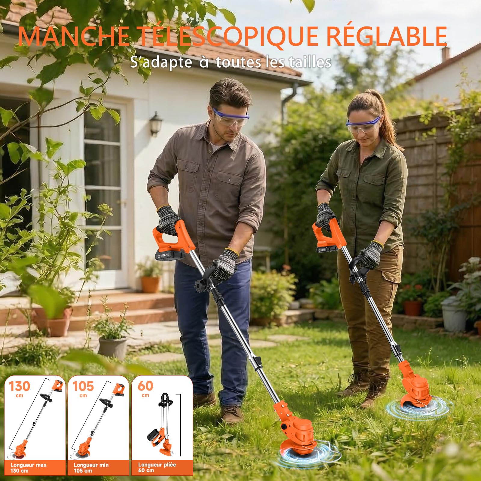 Coupe Bordure sans Fil 60cm 21V 2 Batteries, Débroussailleuse Électrique Pliable, Manche Télescopique 105-130cm, 26 Lames