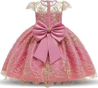 NNJXD Girl Flower Printed Cotton Elegant Tulle Bow Belt Princess Dress