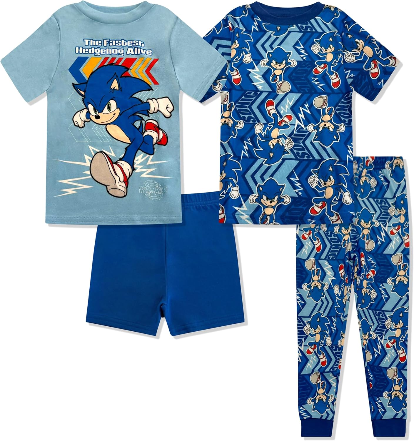 Sonic The Hedgehog 4 Piece Pajama Set - Boys PJs Short Sleeve Shirt, Shorts & Pants - Kids Sleepwear Set - Official License
