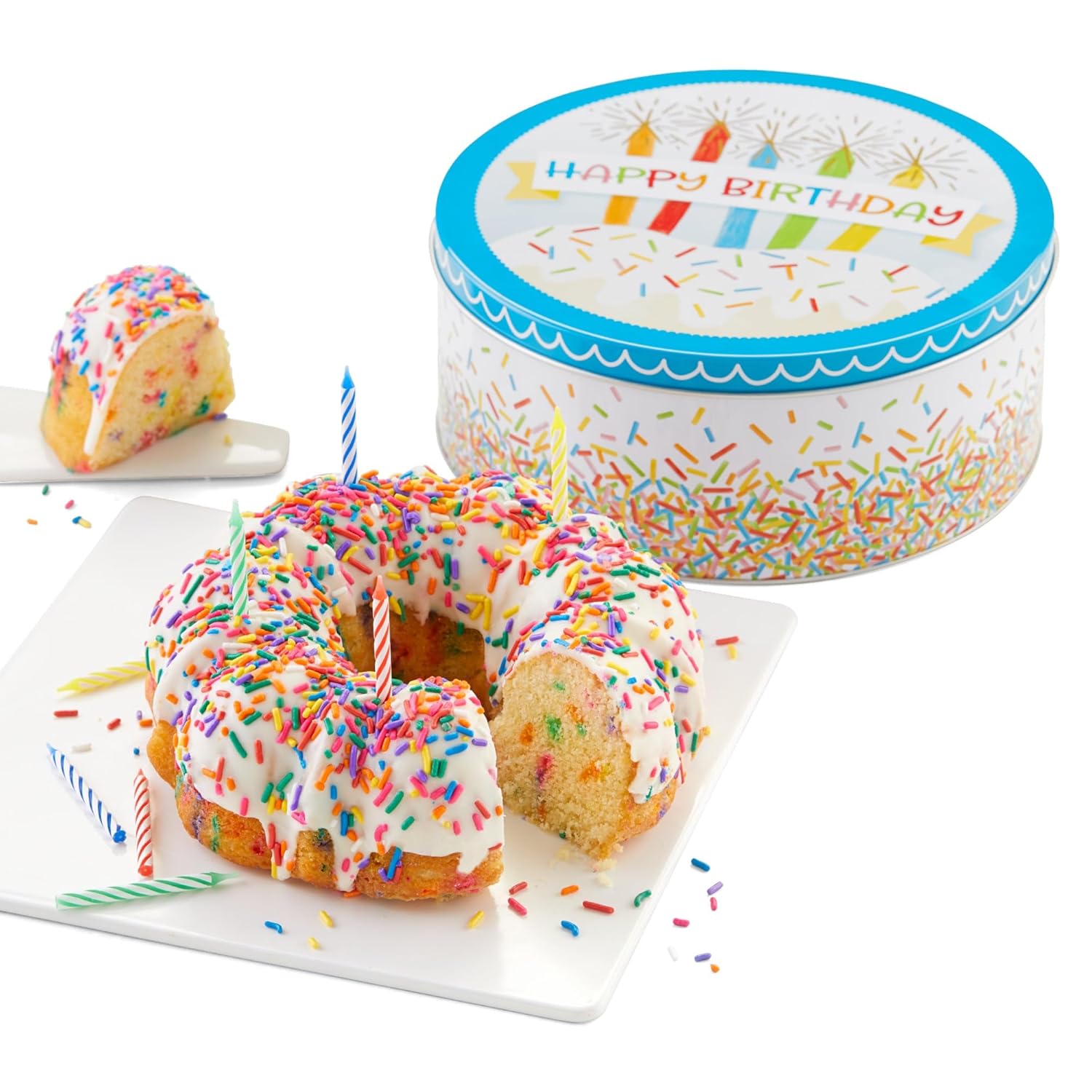 Cheryl's Cookies® 7" Confetti Birthday Cake in Gift Tin, Vanilla Cake with Glaze & Sprinkles Includes 24 Candles, Kosher, For Birthdays, Friends, Family, Loved Ones, 12 Servings
