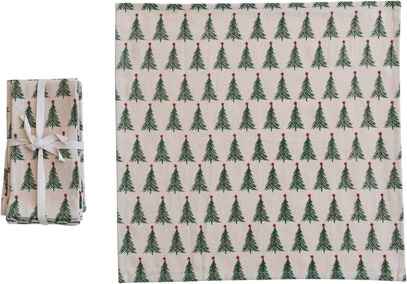 Creative Co-Op Stonewashed Cotton Napkins with Christmas Tree Print, Natural, Green and Red, Set of 4
