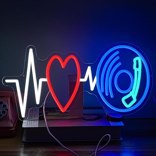 Vinyl Records Heartbeat Neon Sign Retro Music Record Neon Light Vintage Vinyl Heartbeat Music LED Light Up Sign for Wall Decor Home Studio Club