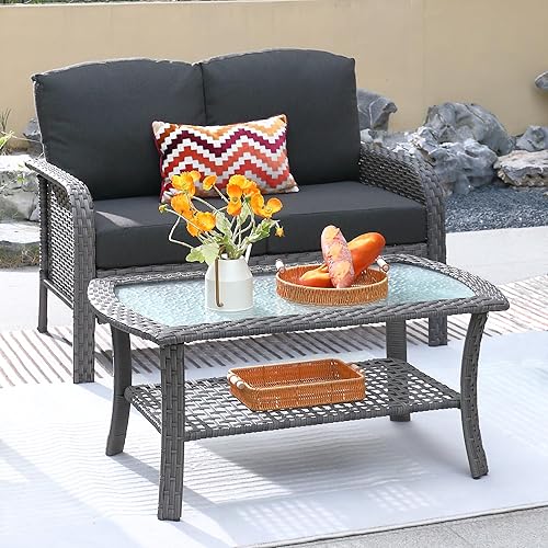 ovios 2 Pieces Patio Furniture Set, Outdoor Wicker Sofa with Glass Coffee Table, All Weather High Back Rattan Loveseat Couch 2 Seats with Comfy Cushions, Black