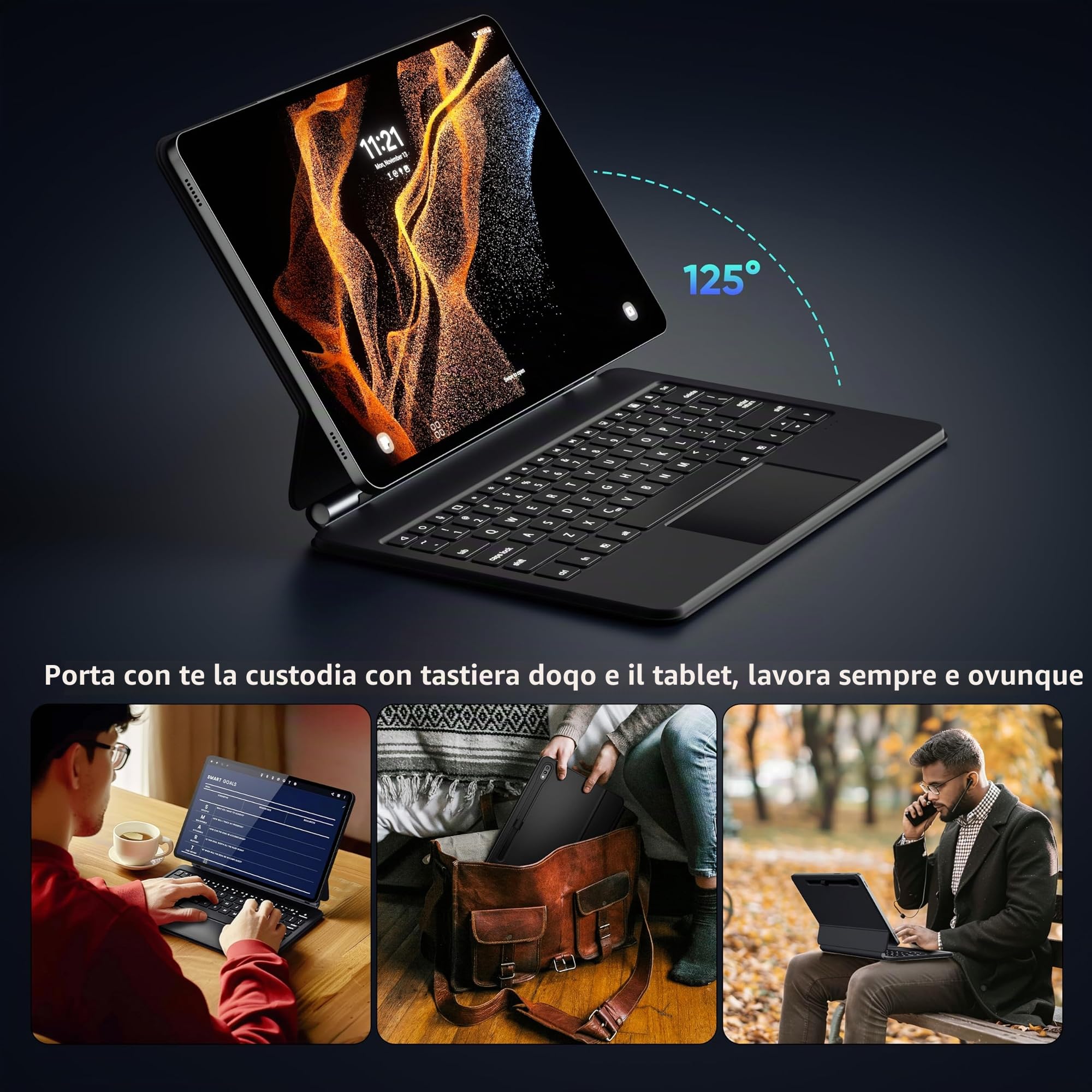 doqo Custodia tastiera per Samsung Galaxy Tab S10+ Plus/S9+/S9 FE+/S8+/S7+/S7 FE 12,4 pollici Custodia magnetica con tastiera, touchpad retroilluminazione, supporto in cantilever fluttuante (Nero)