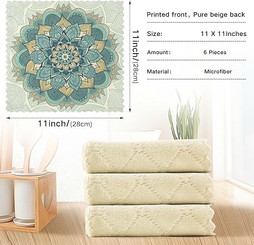 Miniatura 3 de Ornamental Round Mandala Floral 6 Pack Quick Dry Microfiber Dish Drying Towel Print Cotton Rags for Countertop Sink