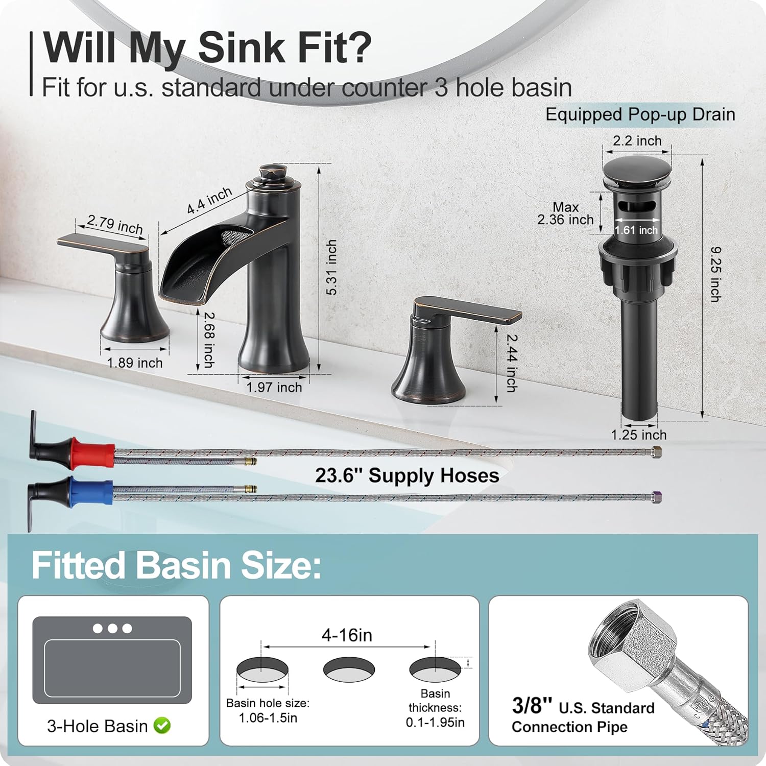 Waterfall Bathroom Faucets 3 Hole, 8 Inch Brass Oil Rubbed Bronze Bathroom Faucet, 2 Handles Bathroom Sink Faucet, Widespread Faucet for Bathroom Sink with Pop-up Drain & Hose