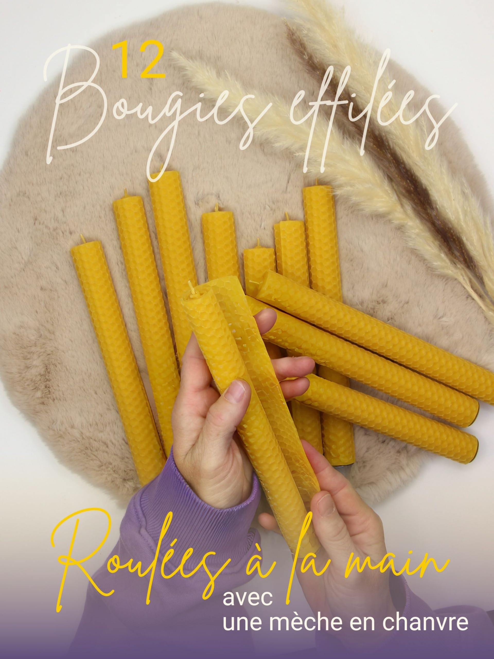 Lot de 12 bougies pilier 100 % cire d'abeille d'Allemagne - Bougies en cire d'abeille roulées à la main - 20 cm de hauteur - Environ Ø 2,2 cm - Jaune naturel - Lot de bougies de qualité supérieure