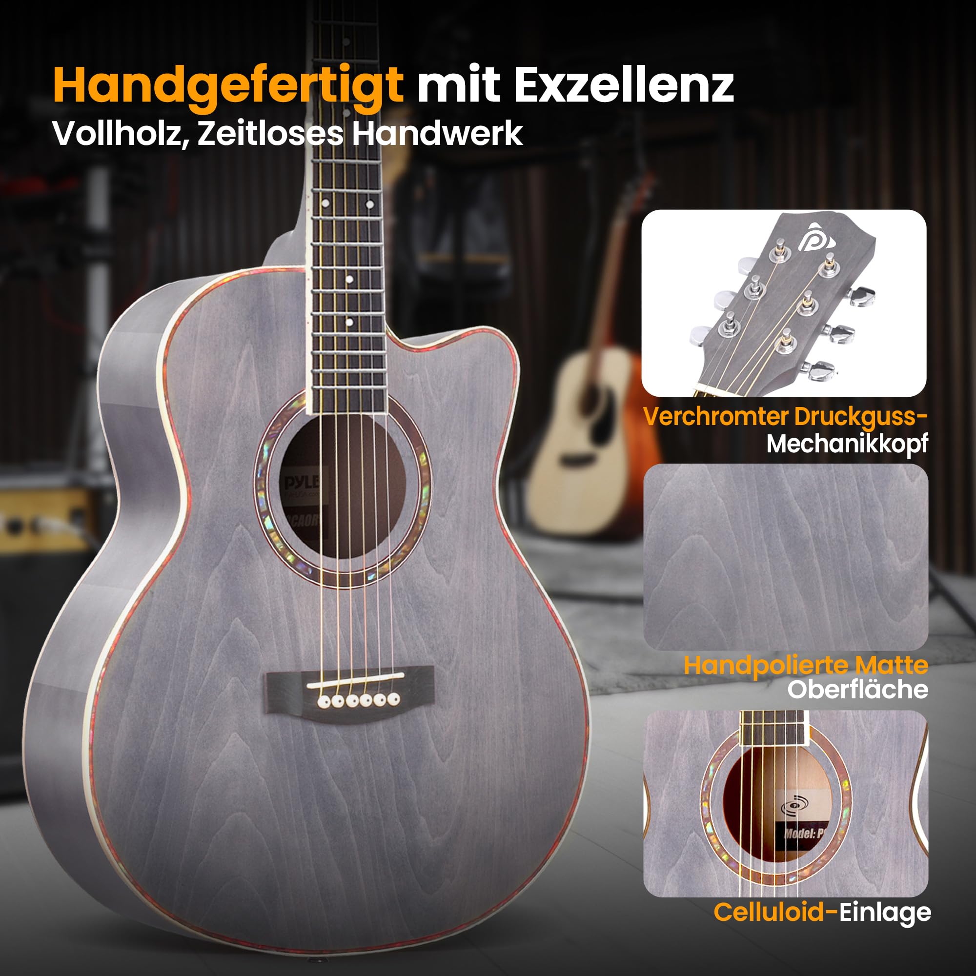 Pyle Cutaway-Westerngitarre, Rechtshändig, 3/4 Größe, Grau