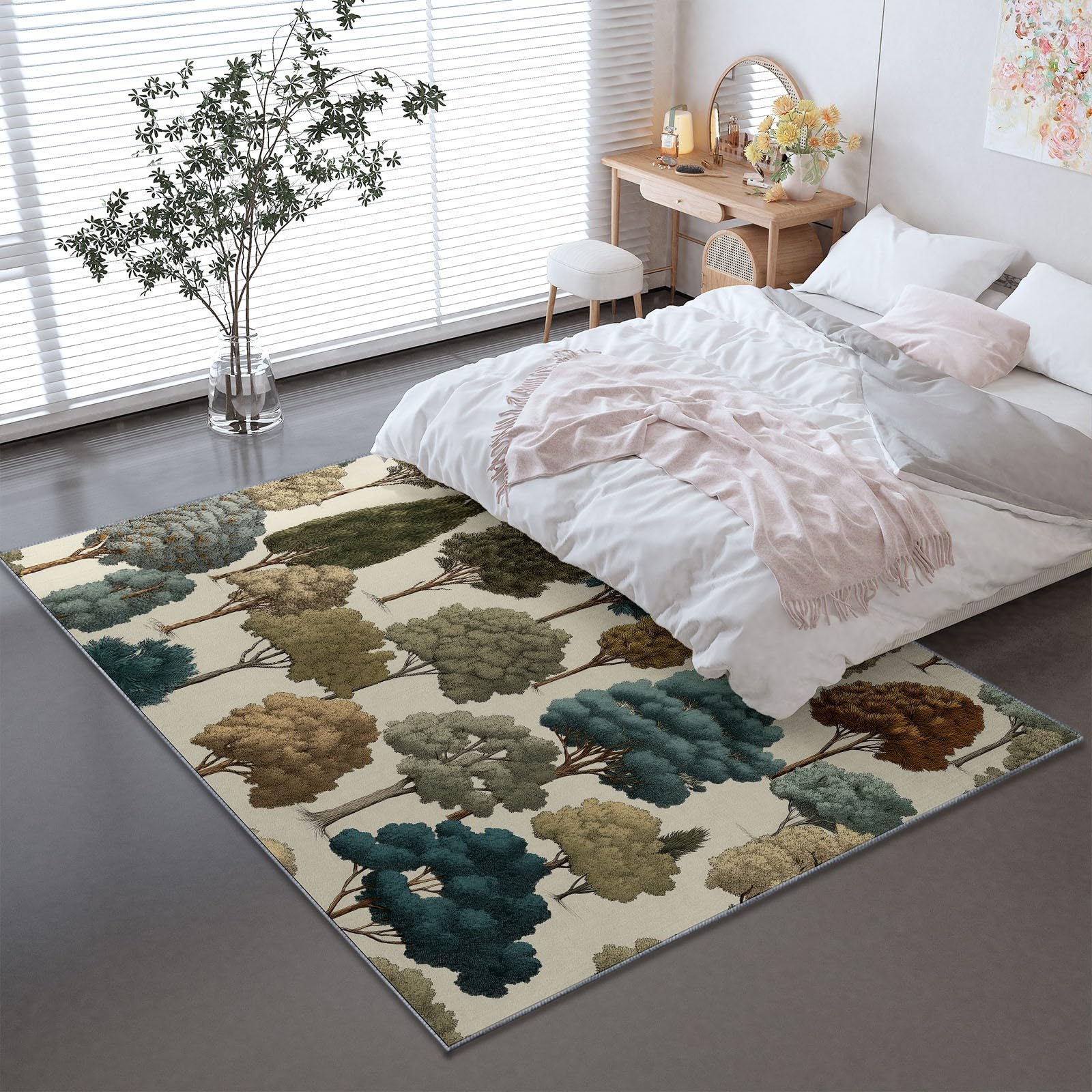 Tapis de salon lavable pour couloir et chambre motif floral vert
