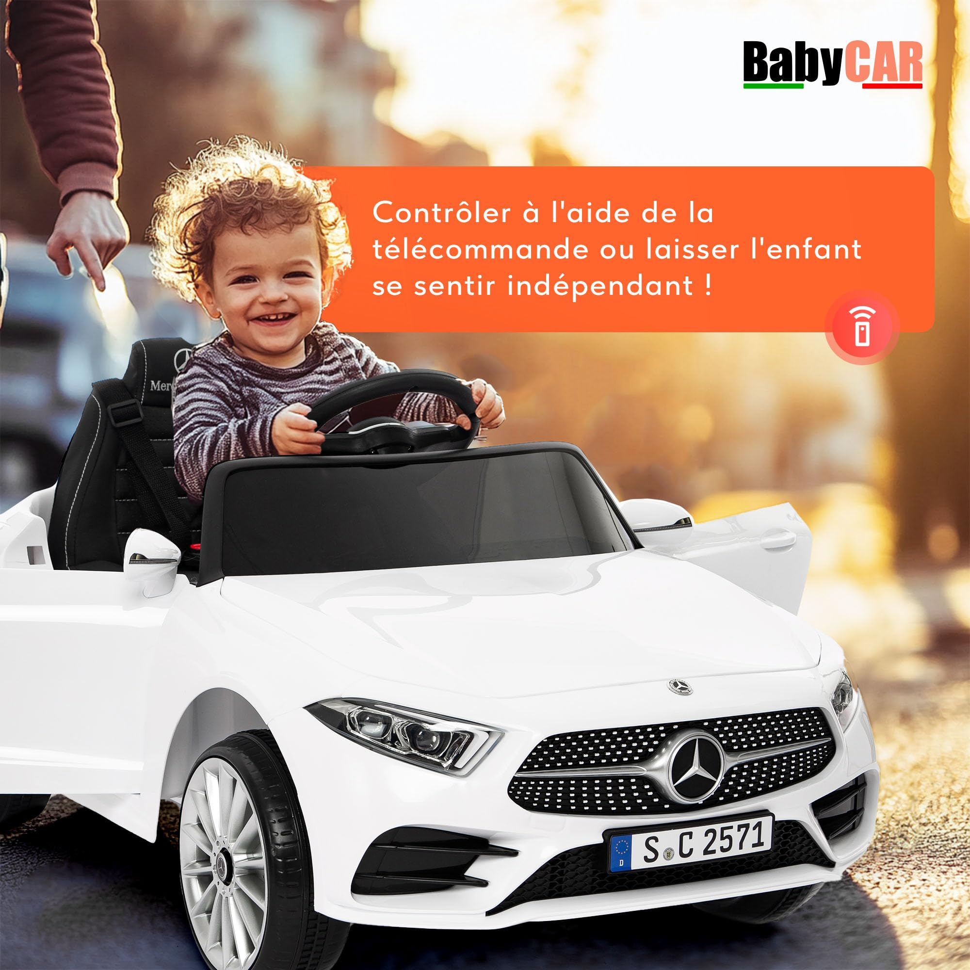 BabyCar Mercedes CLS 350 AMG | Véhicule Electrique 12V avec 2 Moteurs 25W | Voiture pour Enfant avec Télécommande, Siège en Simili Cuir, Portes Ouvrantes, MP3/USB | Mercedes Officiel | Blanc