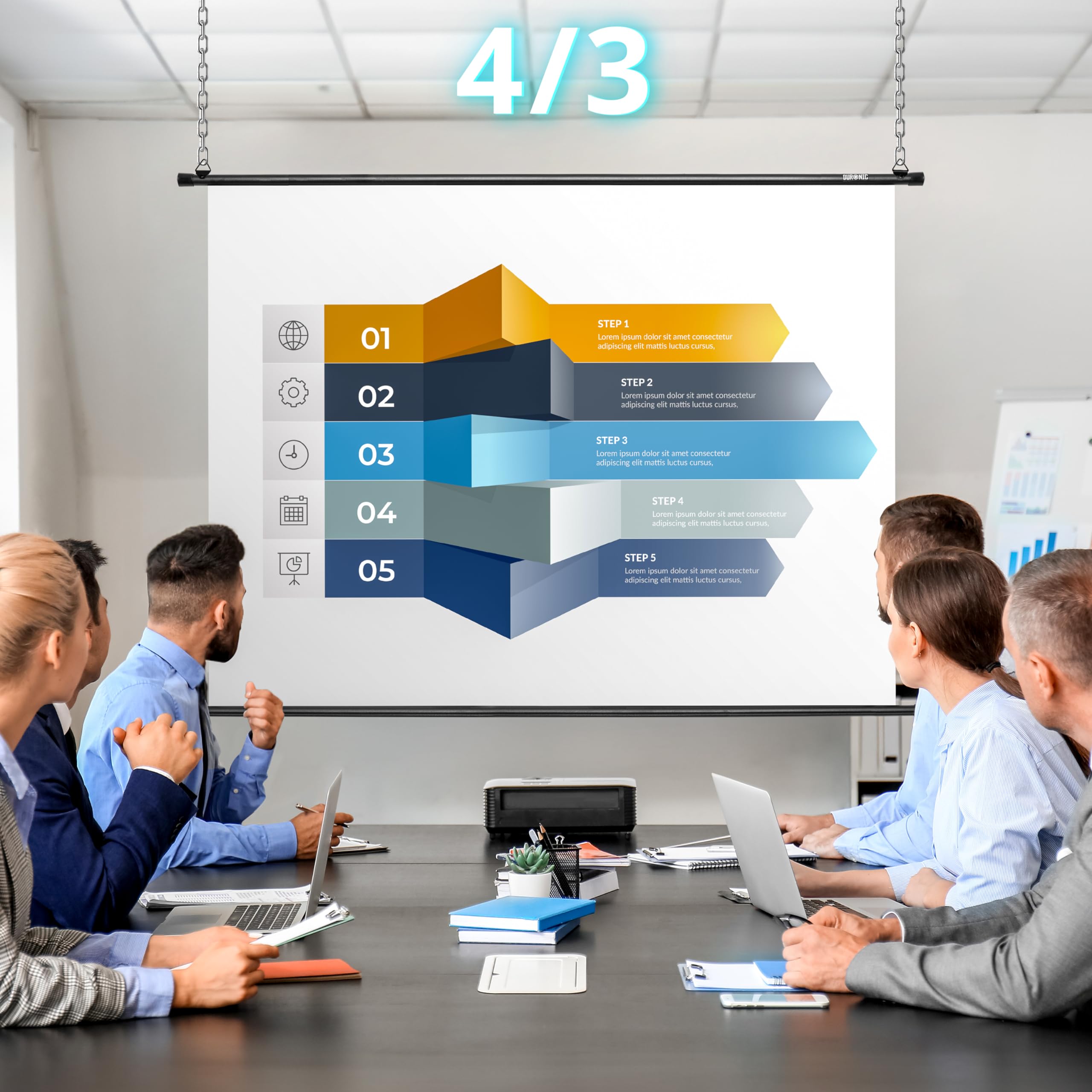 Duronic Ekran do projektora BPS90/43, 90 cali, ekran projekcyjny, rozmiar 183 x 137 cm, biały matowy Ultra HD, do montażu na ścianie, do kina domowego, szkoły, biura