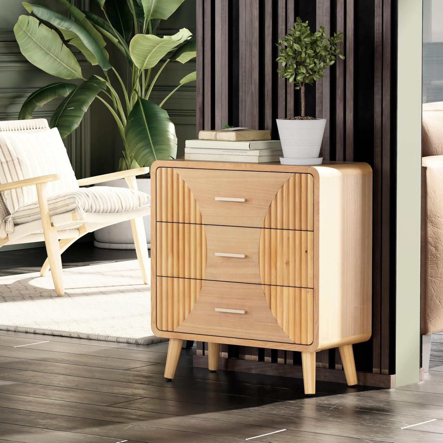 COZAYH 3-Drawer Farmhouse Dresser with Handmade Wood Grain, Fully Assembled Nightstand Wooden Finish for Boho, Mid-Century, Natural Wood, Rustic Style,