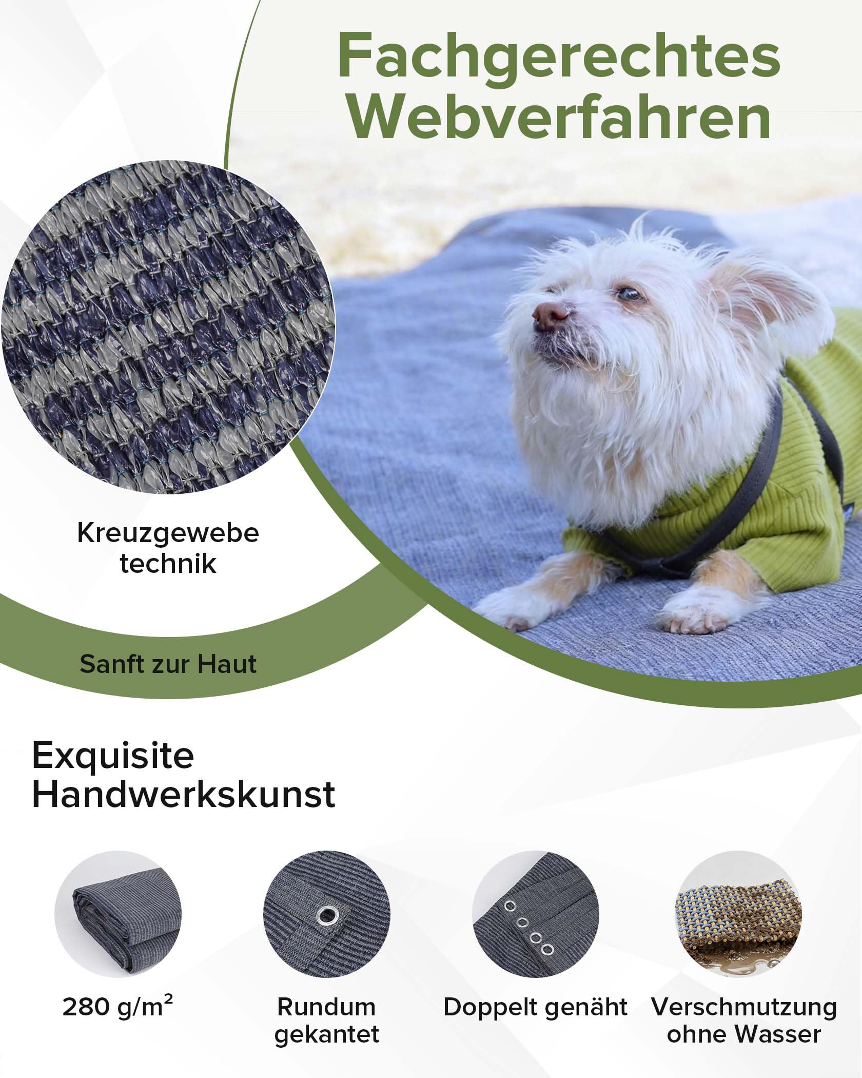 FoundGo Vorzeltteppich mit Ösen [280g/m² HDPE] Camping Teppich Outdoor Vorzeltboden inkl. Tragetasche 8 Stahlnägel & Wäscheleine
