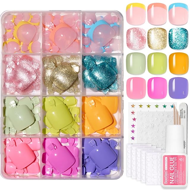 Beetles Gel Polish US Beetles Press On ToeNails Kit - Glitz Spectrum | 360Pcs 12 Colors Short Square Press On Nails | 15 Sizes French Glossy Glitter with Nail Glue & Nail Tabs Stickers, Fake Nails Kit Art for Women