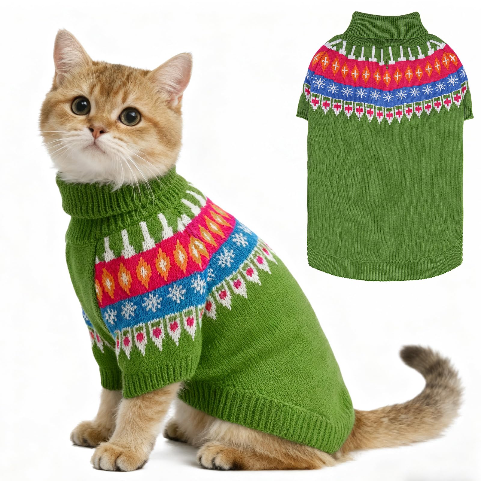 EXPAWLORER Turtleneck Dog Jumper - Knitted Dog Clothes in Classic Fair Isle Patterns, Warm Comfortable Puppy Jumper Pet Sweater with Sleeves, Winter Pet Outfit Pullover for Dogs Cats, Green Small
